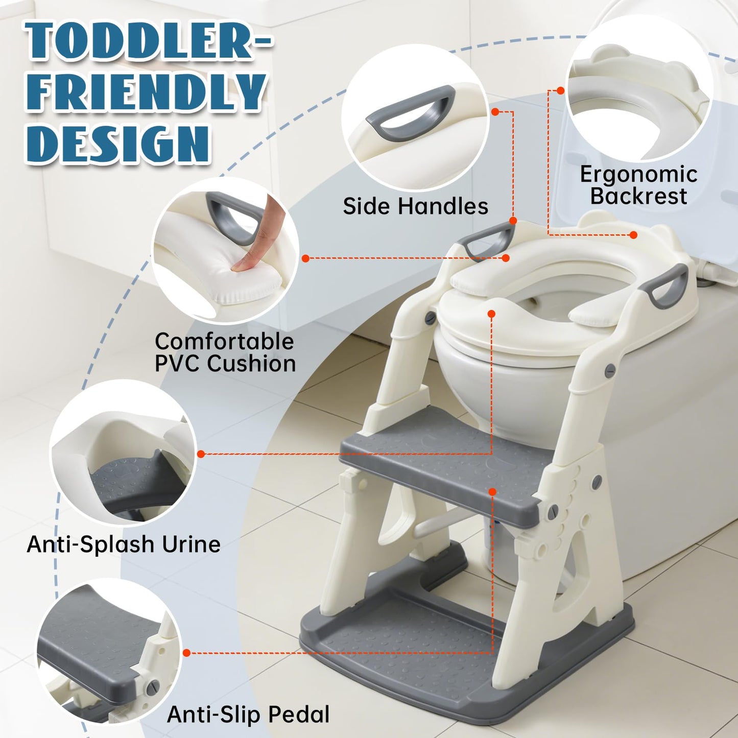 Potty Training Toilet Seat, Stable Potty Training Seat with Step Stool, 2 in 1 Toddler Toilet Seat with Steps for Kids Boys Girls, Toddler Potty Seat with Ladder, Splash Guard, Anti-Slip Pads (Gray)