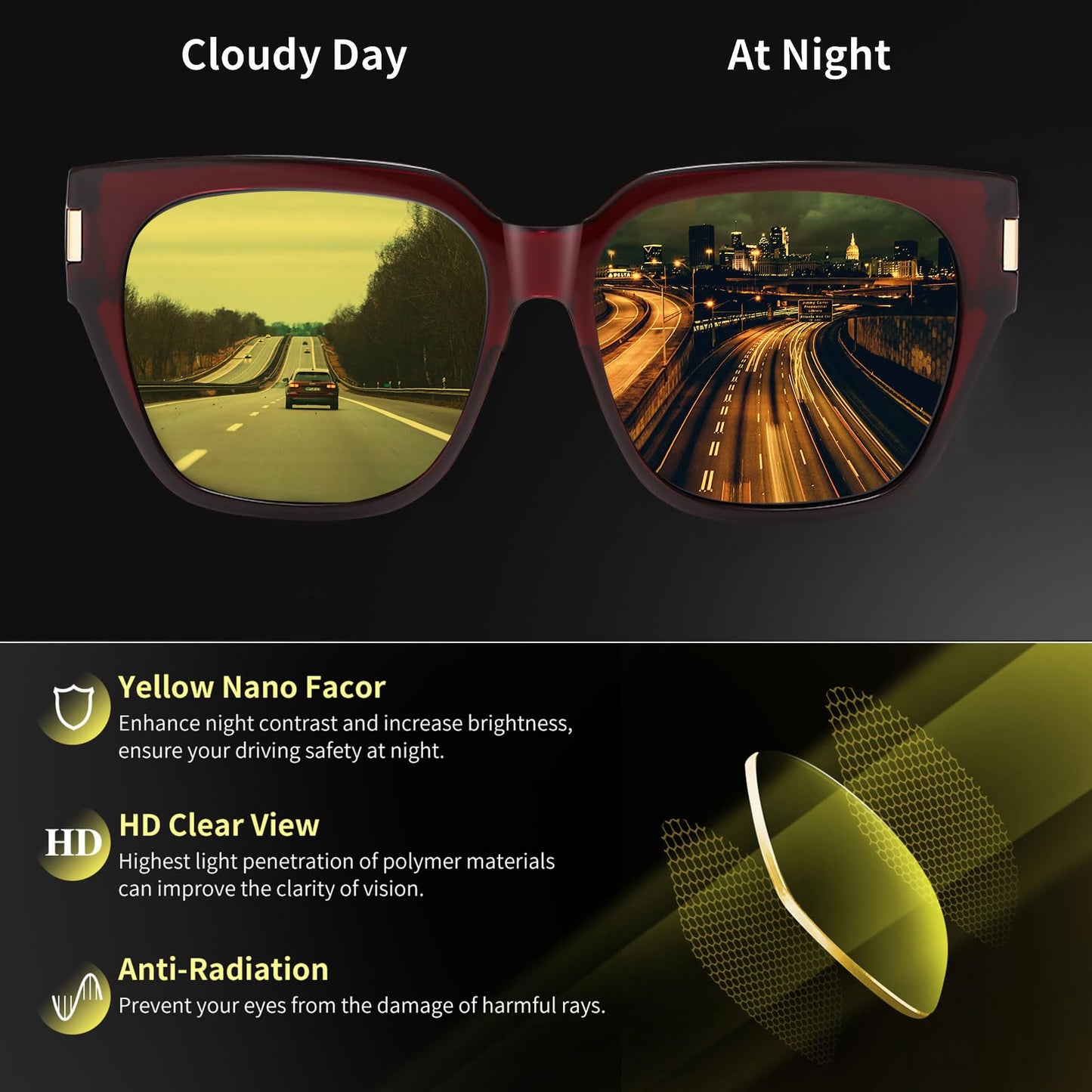 HAOLOTA Night Vision Driving Glasses Fit Over Glasses for Women Men, Anti Glare Polarized Nighttime Yellow Lens WN420