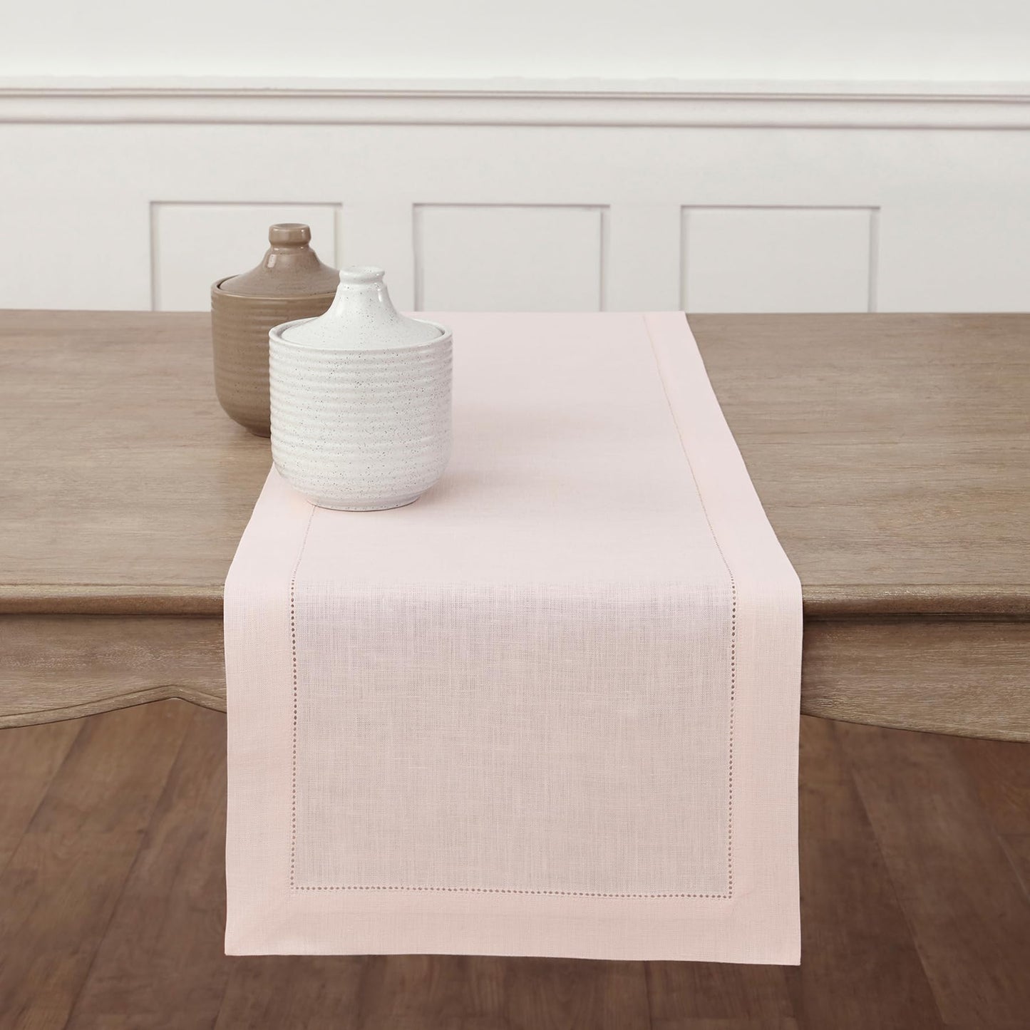 Solino Home 100% Pure Linen Table Runner Garden Green Hemstitch, 14 x 48 in | Classic Hemstitch Table Runners for dining, hallway and console table styling | hand hemstitched borders | OEKO-TEX Certified BST326SOLH