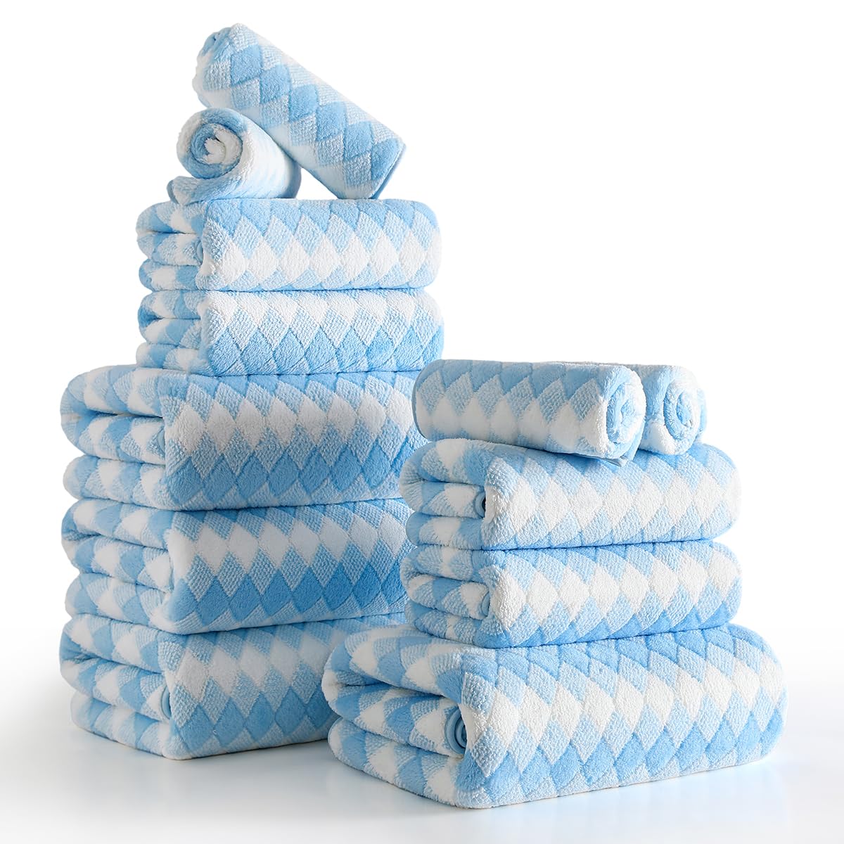 12 Pcs Light Gray Diamond Towel Set-4 Bath Towels,4 Hand Towels,4 Washcloths Soft Polyester Towels with Loop Absorbent Shower Towel Quick Dry Beach Chair Towel Family Towels for Bathroom Spa Gym Pool BST220