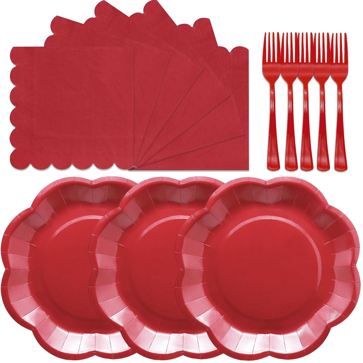 Red Plates Party Supplies,9 inch Red Paper Plates Disposable Scalloped for Birthday Cake Plate Baby Shower Dinner Wedding Dessert Valentines Day Party BST220