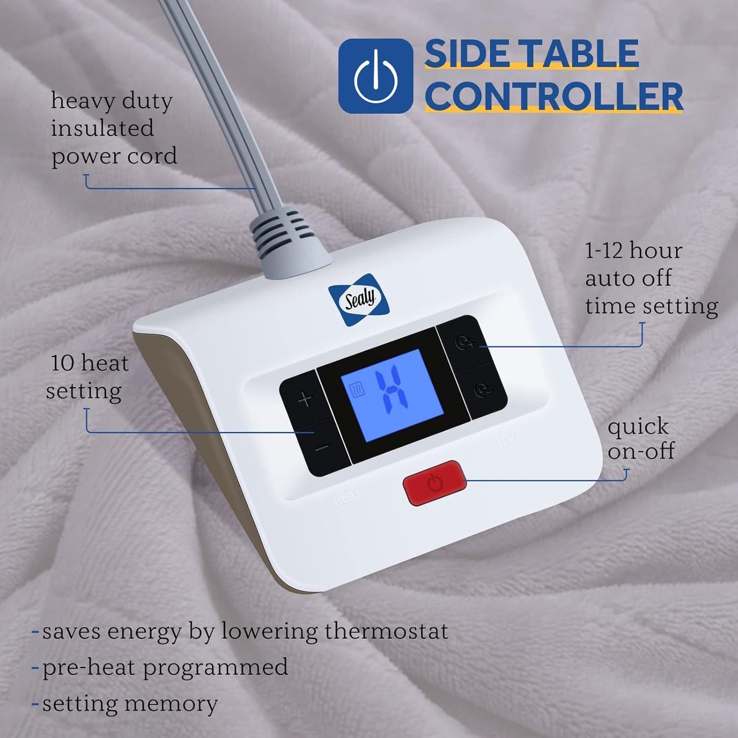 Sealy Heated Electric Blanket Queen Size, Flannel Electric Blanket with 10 Heating Levels & 1-12 Hours Auto Shut Off, Fast Heating Warming Blanket, Machine Washable, Grey, 84 x 90 Inch