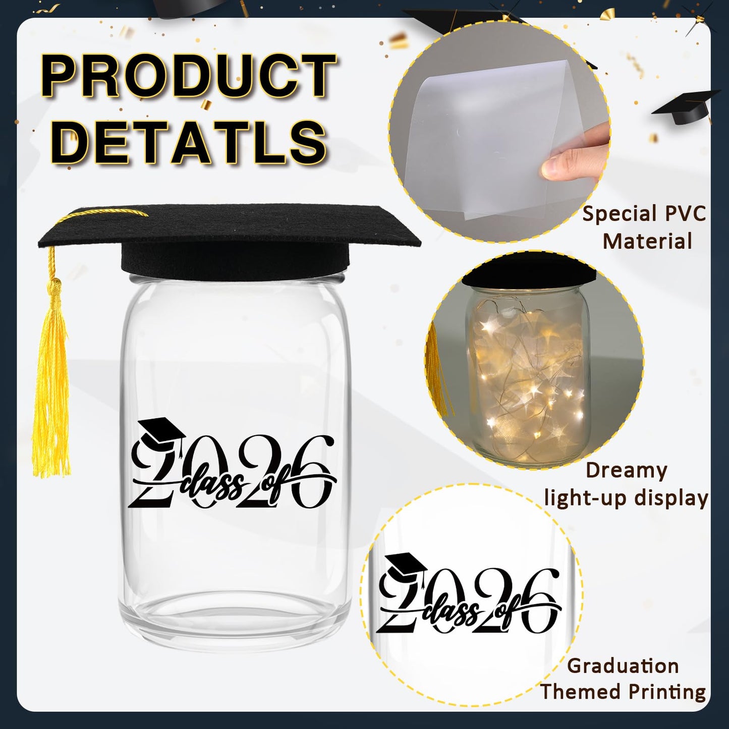 3 Sets 2026 Graduation Centerpieces for Tables, Glowing Mason Jar Centerpieces with Graduation Caps, Glowing Money Jars for College High School Congrats Grad Party Decor Supplies WN420