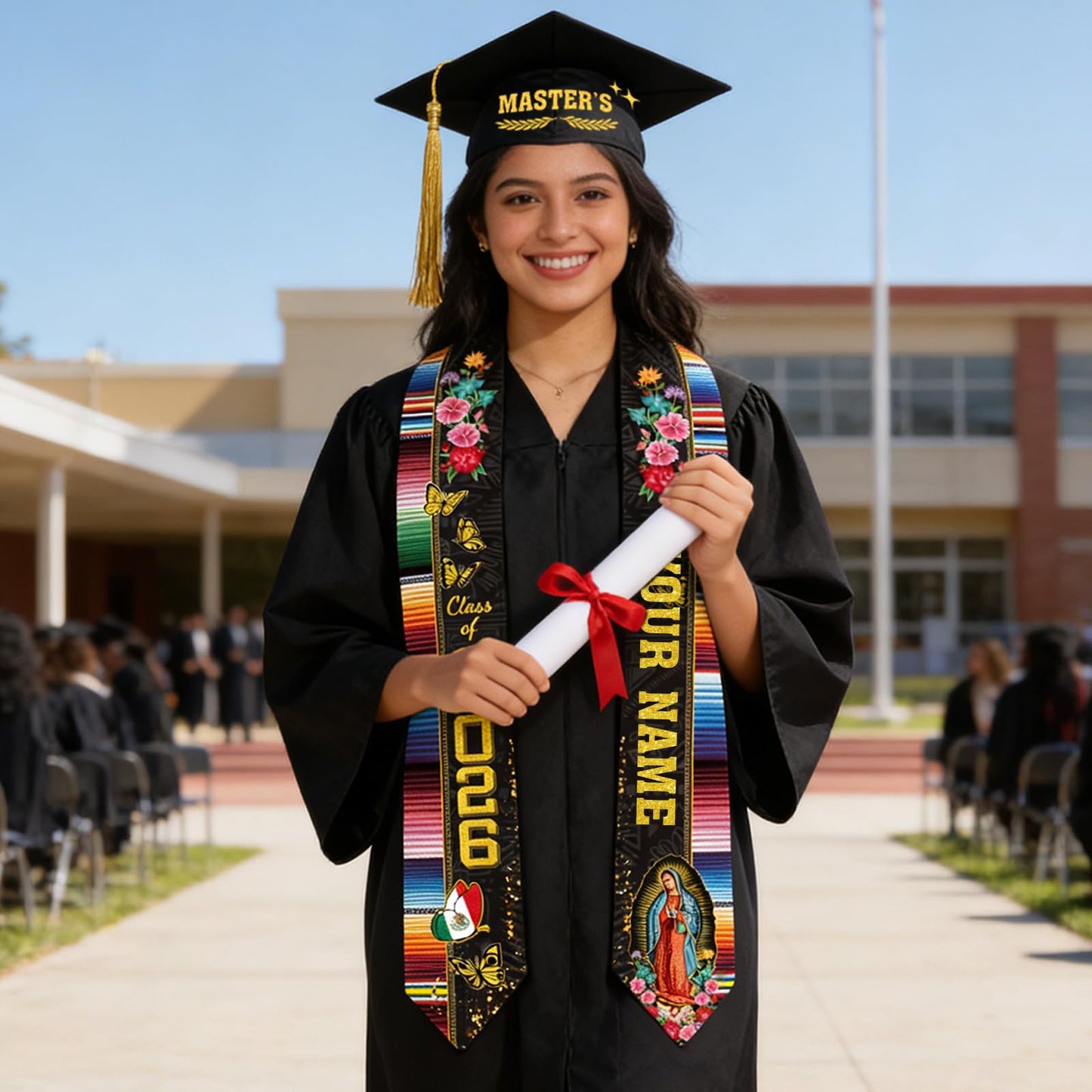 Dazoratix Filipino Graduation Stole 2026 - Philippines American Flag Sash Personalized Custom Glitter Iron on Letters Patches DIY Customize Transfer Stickers for Senior Student School Grad Decorations BST326L