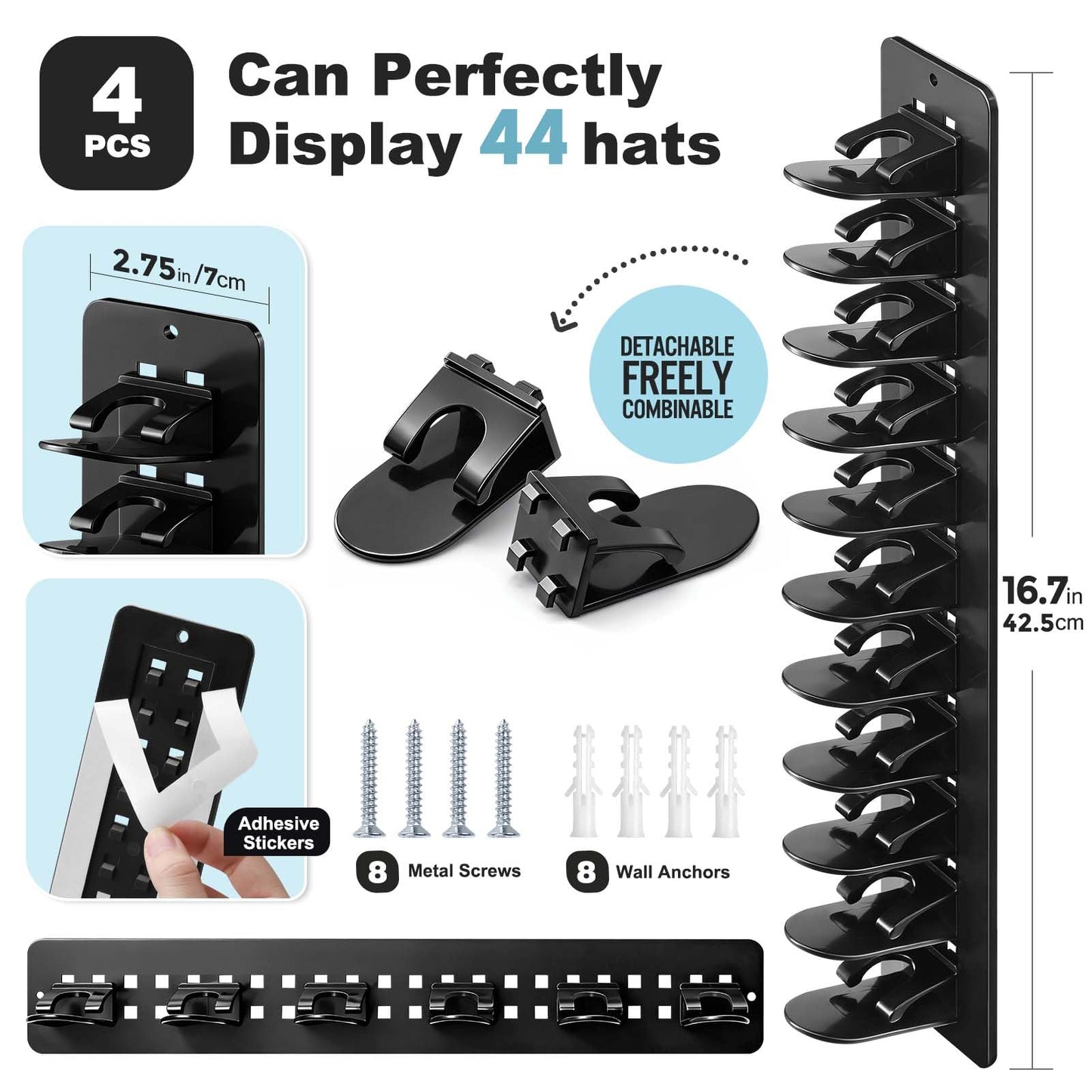 Hat Hook for Wall, 2 Pack Hat Organizer Hold up to 20 Hats,Hat Holder with Strong Adhesive and 8 Pack Screws, Cap Holder Hat Hangers for Wall Closet Door and Bedroom(B-Black) BST220