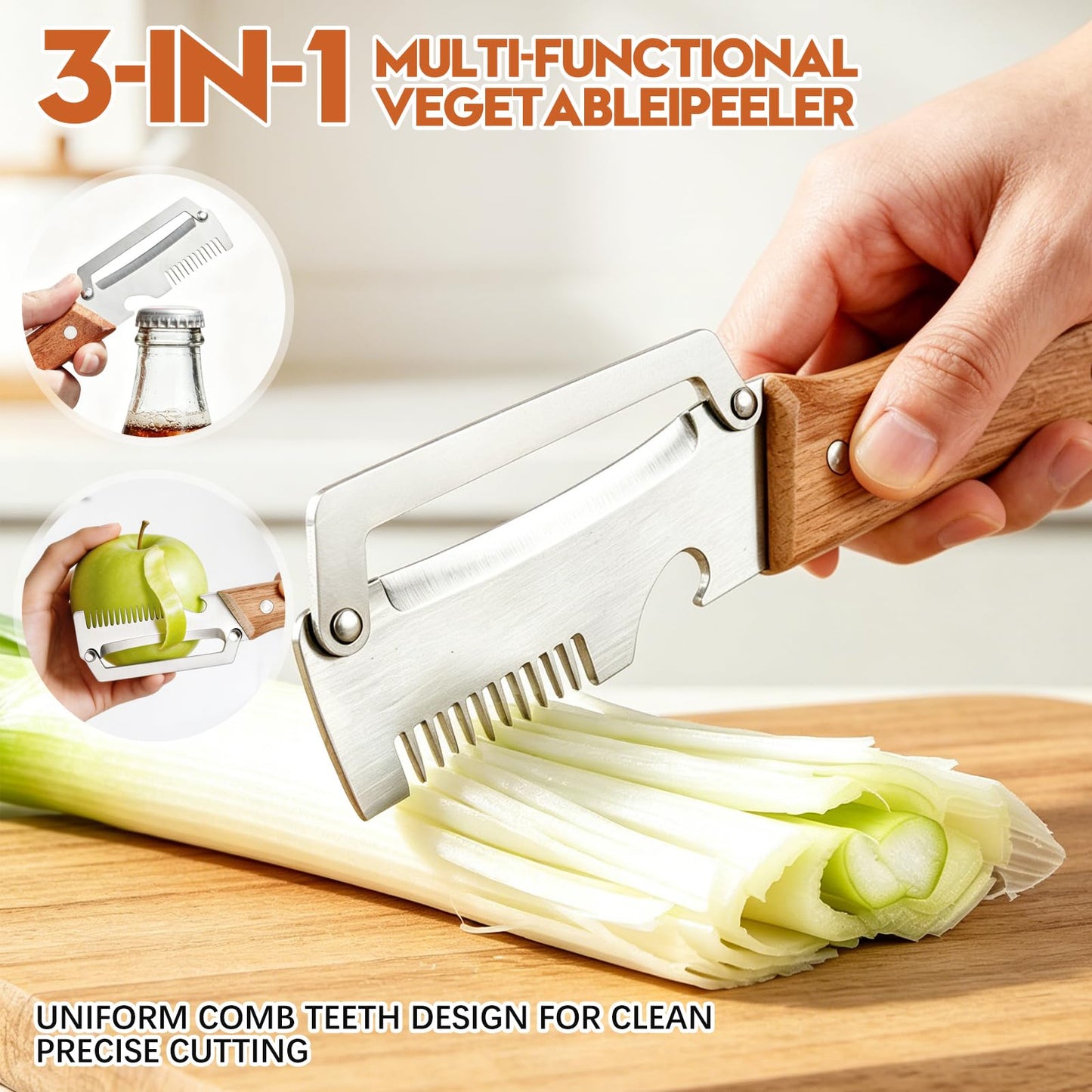 Left & Right Hand Vegetable Peeler Set with Bottle Opener, Thickened Stainless Steel Wide Blade for Smooth Peeling, Wooden Handle Kitchen Peeler for Fruits & Vegetables BST326L
