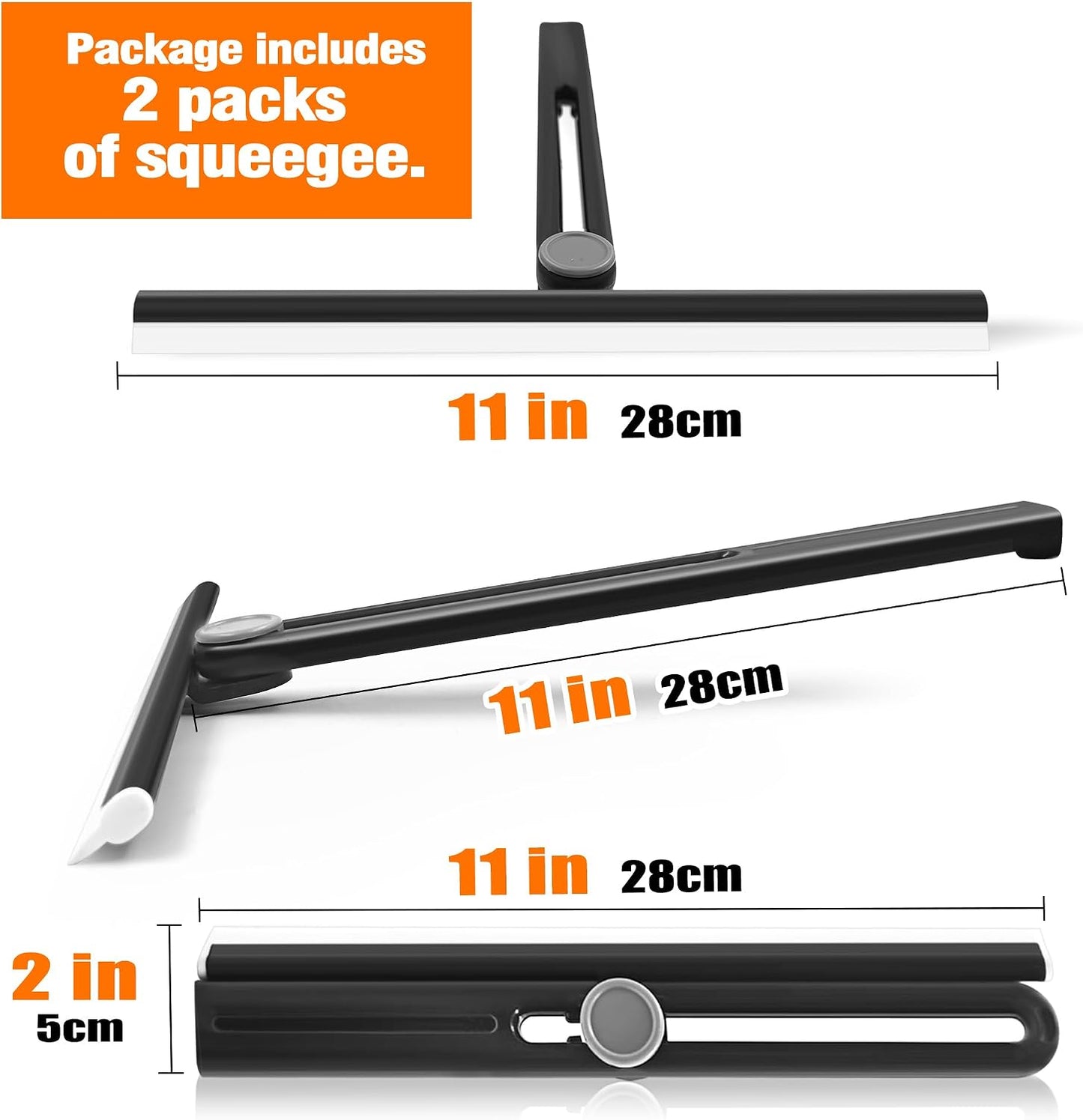 NEWE Shower Squeegee 2 Packs for Glass Doors, All-Purpose 360° Rotating Black Silicone Scraper Cleaner Tool for Tile, Walls, Mirror, Car Window, Countertop, Bathroom, 11 Inches BST202
