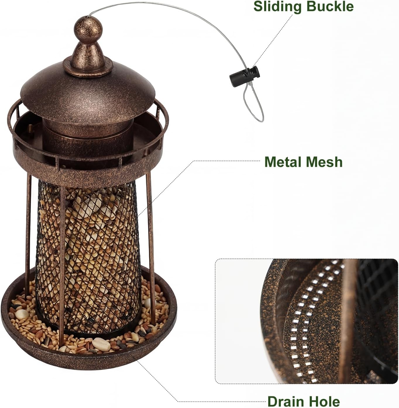 Lavezee Bird Feeder for Outdoors, Large Capacity Hanging Bird Feeders for Outside Wild Birds Hummingbird Parrot, Bronze WN420