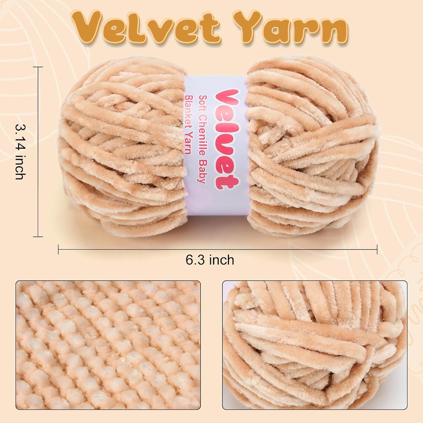 Soft Velvet Chenille Yarn for Crocheting & Knitting - Bulky Yarn for DIY Weaving Crafts Beige (3.5oz 66yds/Skein) BST326H