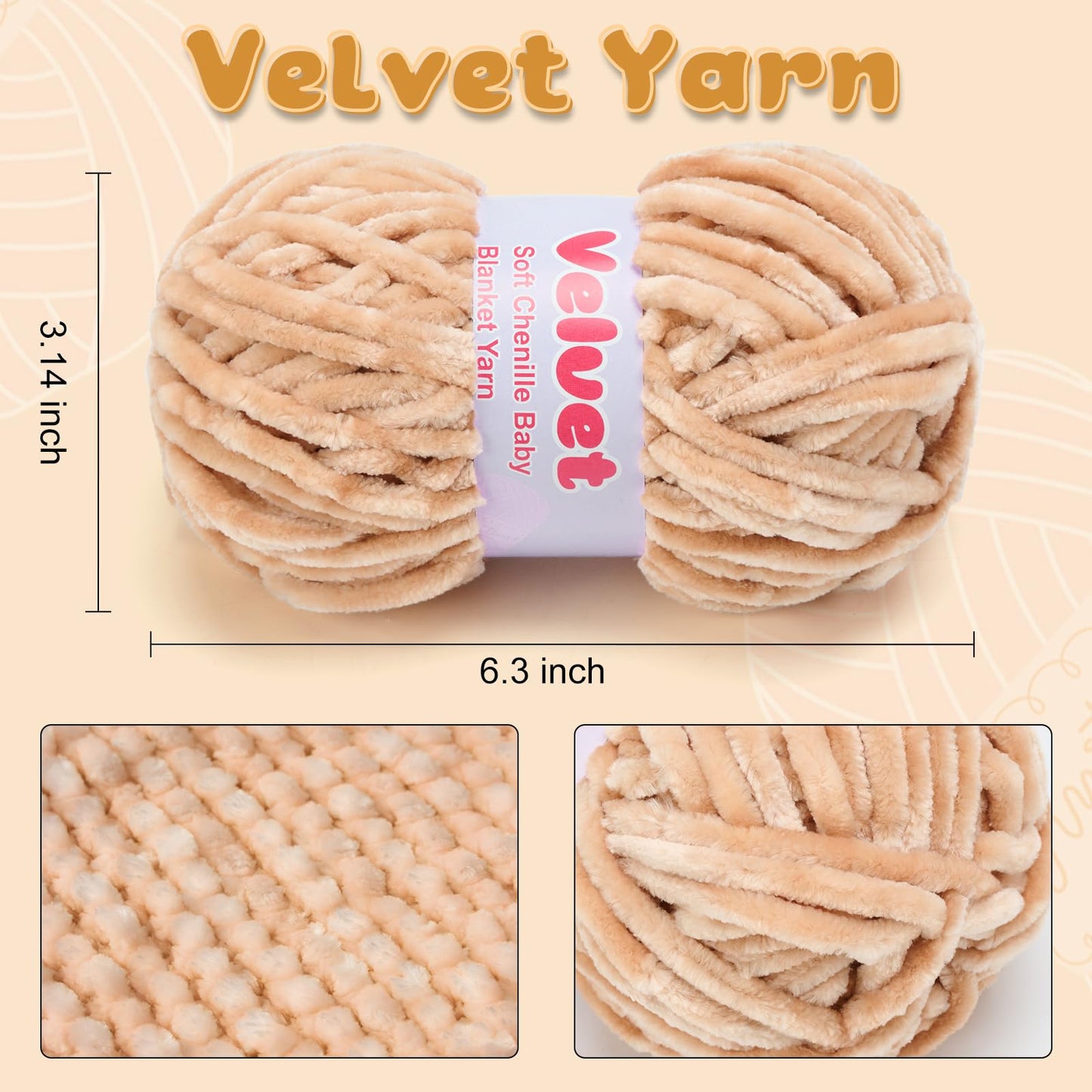 Soft Velvet Chenille Yarn for Crocheting & Knitting - Bulky Yarn for DIY Weaving Crafts Beige (3.5oz 66yds/Skein) BST326H