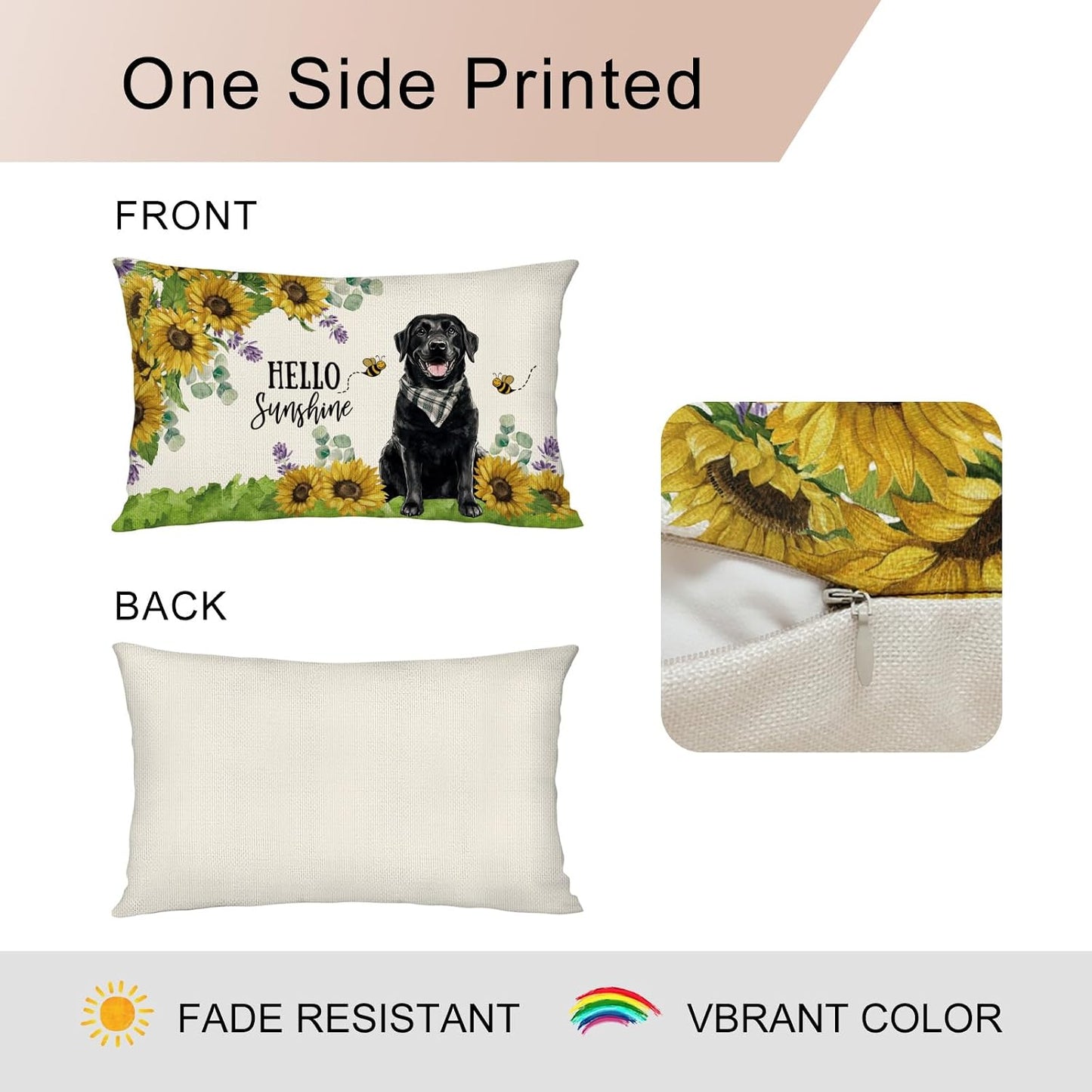Sunflower Black Labrador Dog Lumbar Throw Pillow Cover 12x20 Inch Summer Cushion Case Decoration for Sofa Couch BST202