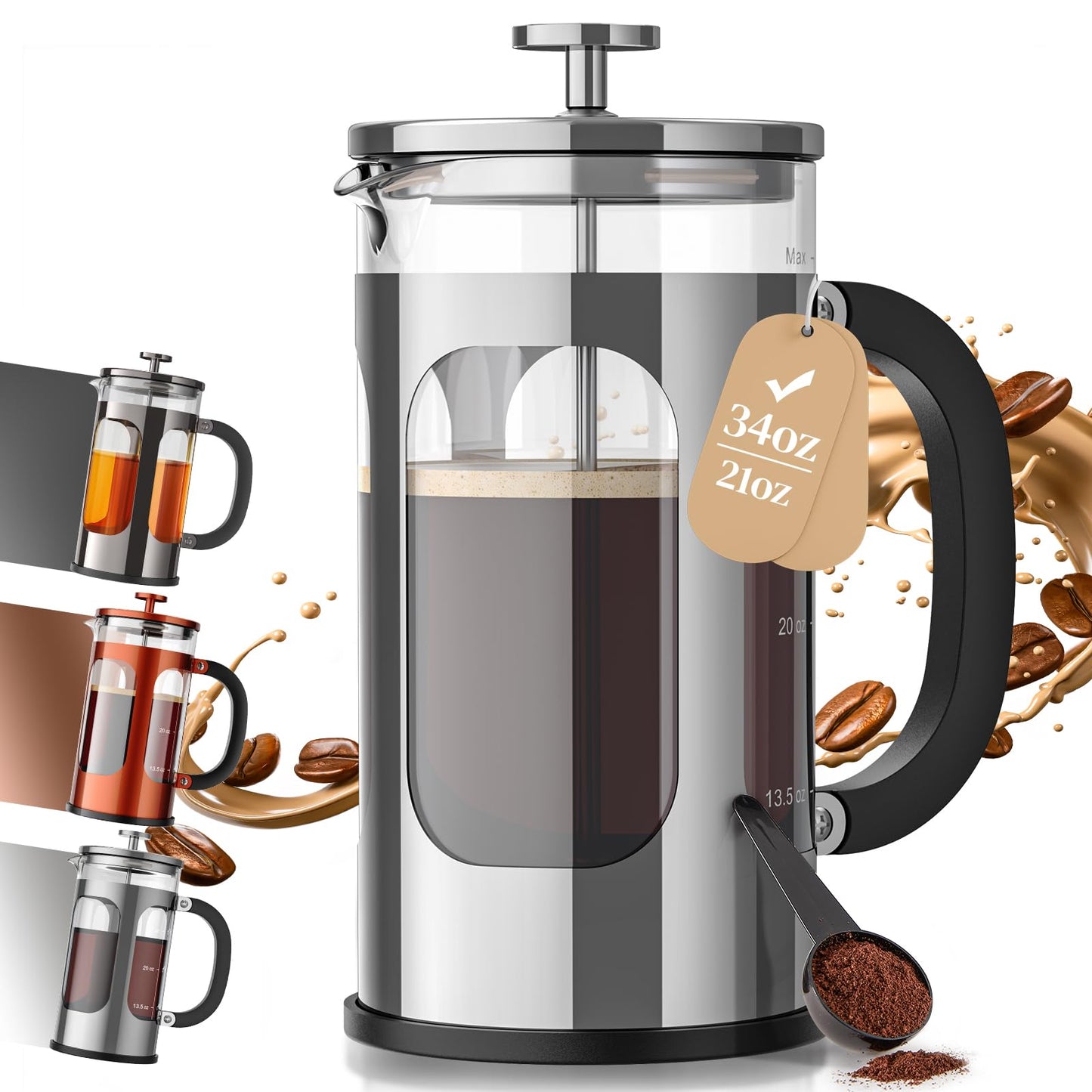 Veken French Press Coffee Maker 34oz, No Plastic Touching Cafe,Thickened Glass Stainless Steel Brewer, Cold Brew Cafetera Tea pot for Kitchen Travel Camping, Gifts, Decor, Bar Accessories, Dark Pewter