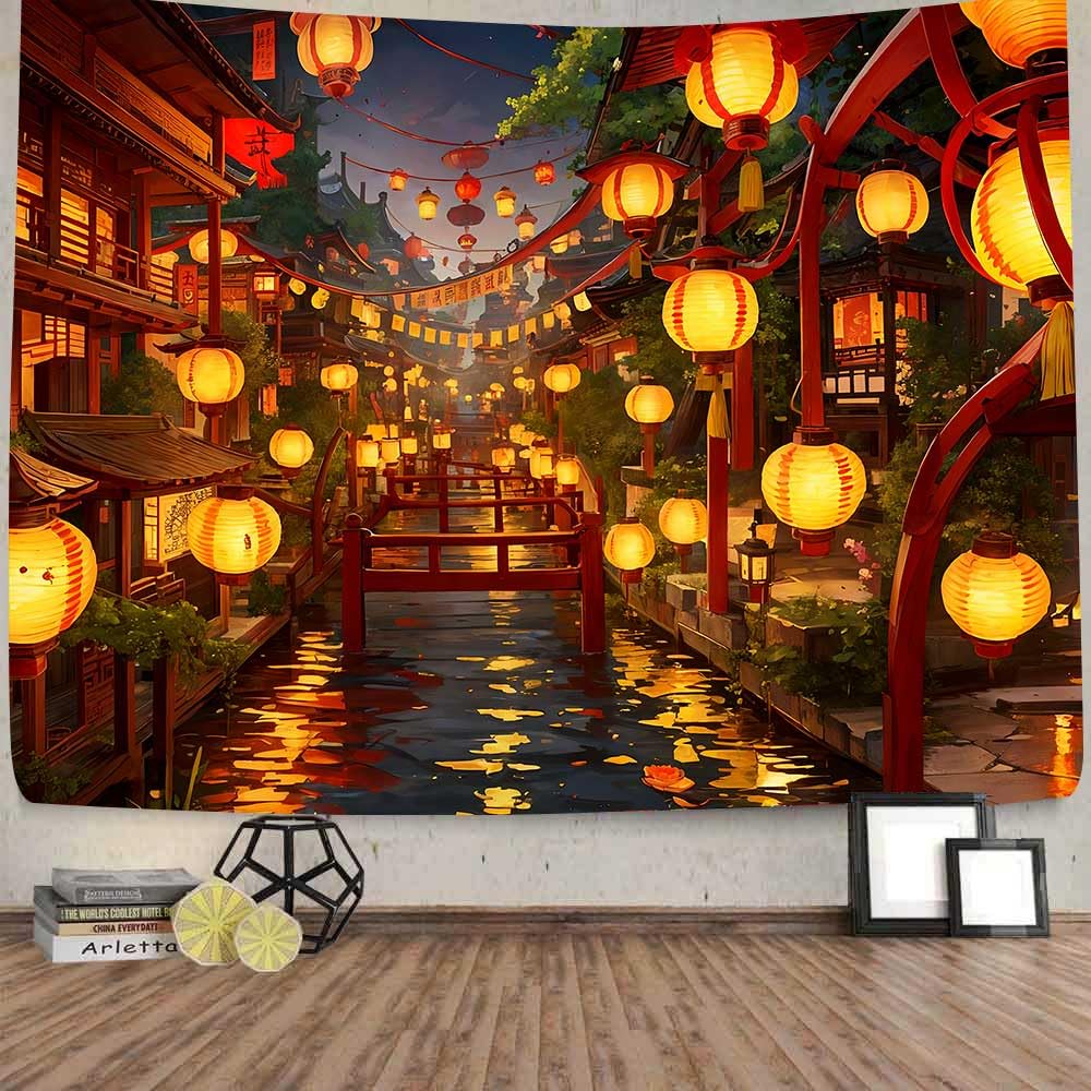 Ine Ive Japanese Tapestry Wall Hanging Large Size 93x71 Inch | Traditional Japan Streets filled with lanterns tapestry for Bedroom Living Room Dorm Office Restaurant Wall Decor BST202