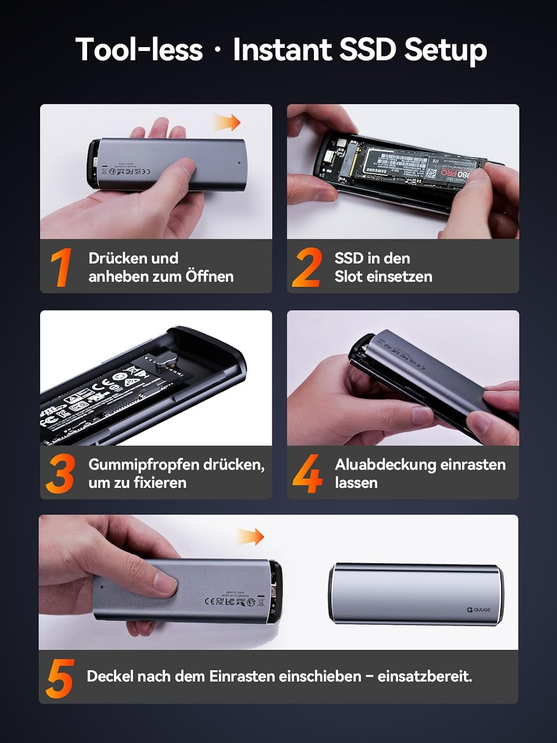 QUUGE NVMe M.2 USB 3.2 SSD Enclosure, USB-C Adapter USB 3.2 Gen 2 10Gbps, Hard Drive Enclosure Aluminum Alloy for PCIe M-Key/M+ B-Key SSDs (2230/2242/2260/2280), Tool-Free, Includes USB CC Cable WN420