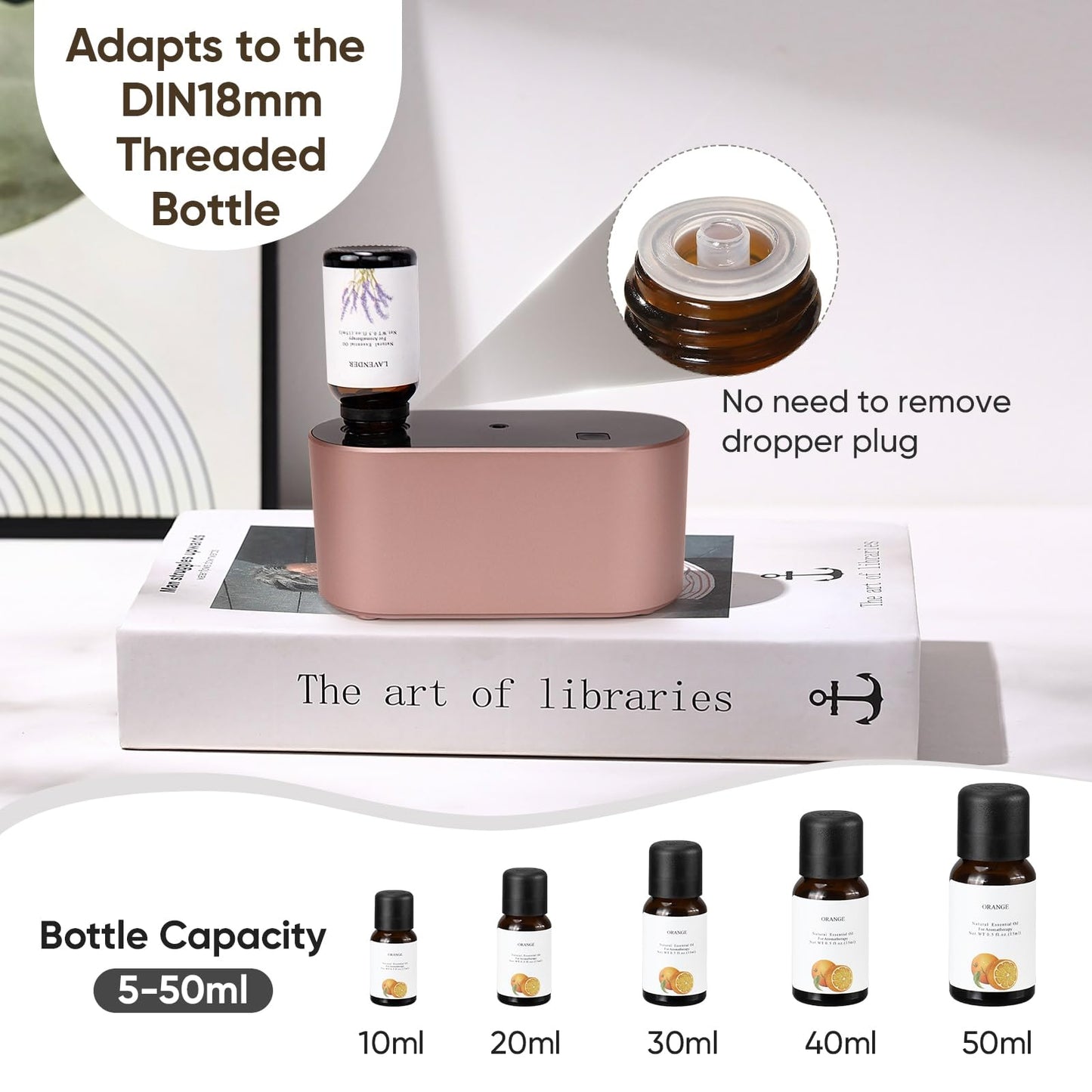 Lecdura Waterless Diffuser for Essential Oil, Battery Operated Scent Air Aromatherapy Diffuser, Mini Aroma Diffusers with 3 Intermittent Mist Modes, Cycle Start for Home Office Bedroom - Rose Gold