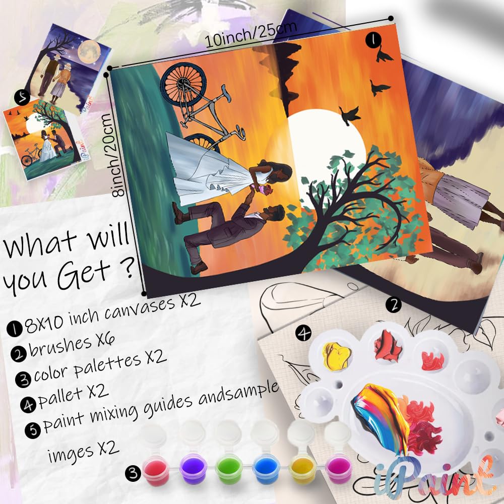 2Pcs Sip and Paint Kit for Adults,Valentines Couple Painting Kit Supplies Canvas, Pre Drawn Canvas to Paint for Date Night for Couples DIY Acrylic Painting Kits Party Favor 8×10 WN420
