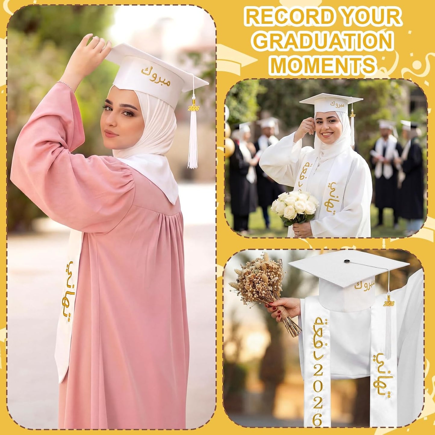 Dunzoom 2026 Arab Countries Graduation Cap and Stole Sash Set Saudi Arabia United Arab Emirates Egypt Embroidery Grad Hat Sash with Charm Tassel Class of 2026 for America International Student WN420