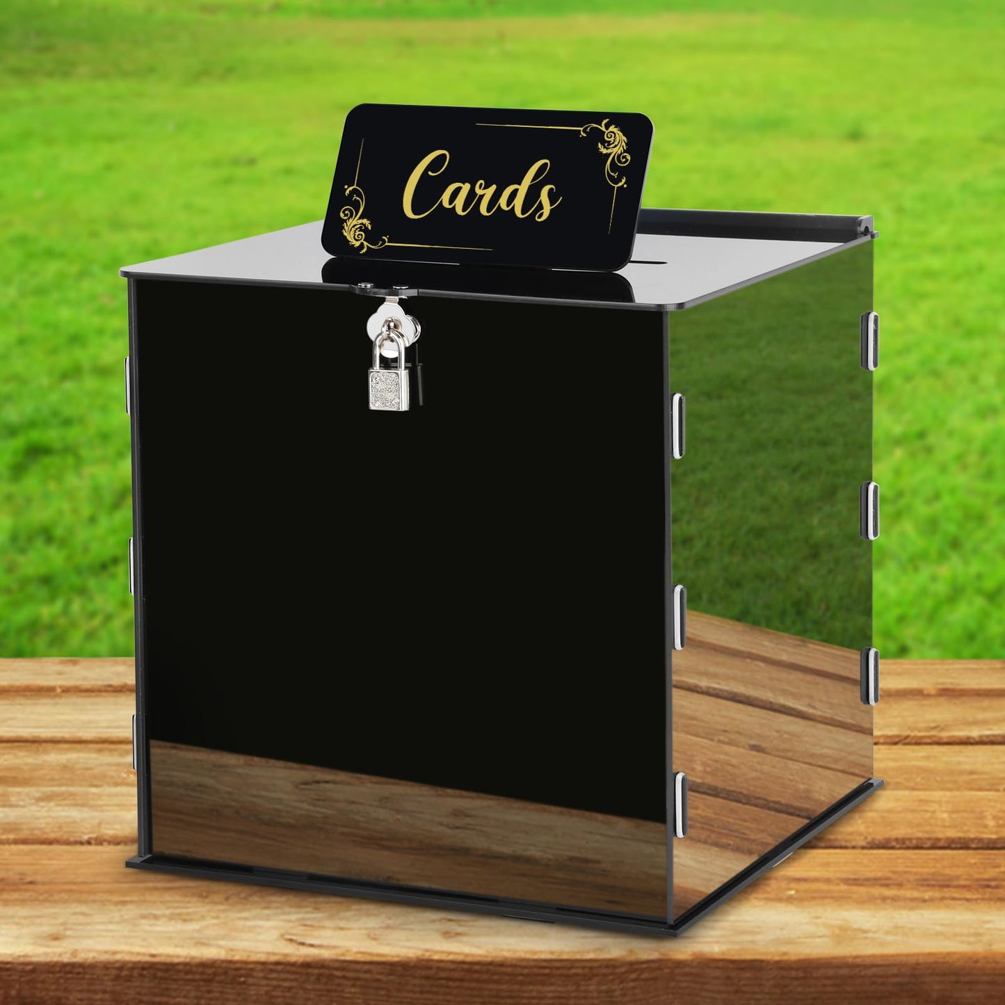 Fowecelt Acrylic Wedding Card Box with Lock Black Card Box DIY Large Rustic Card Box for Wedding Reception Bridal Shower Birthday Baby Shower Party Graduation Decorations (10x10x10 Inch) BST326H