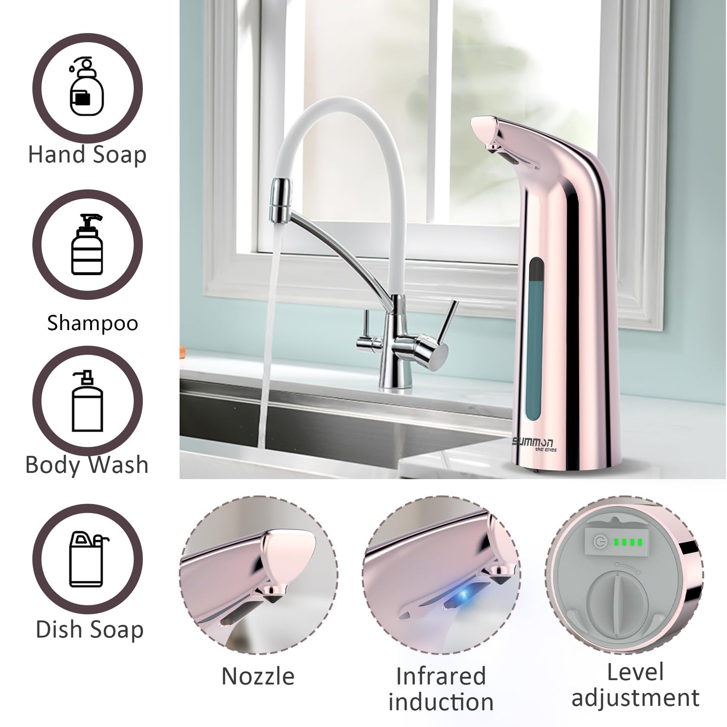 Automatic Soap Dispenser Touchless,400ML Hand & Dish Countertop Electric Liquid Dispenser with Sensor,Modern 4 Gear Adjustable Black Waterproof Battery Operated Kitchen Auto Soap Pump WN420
