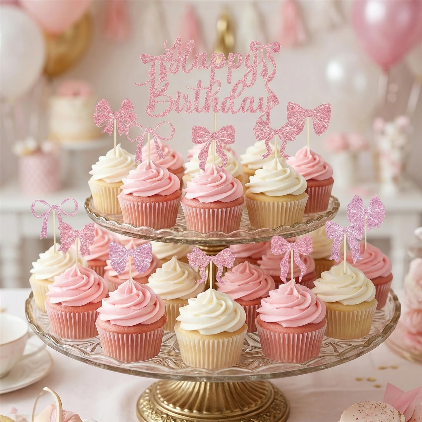 33Pcs Pink Bow Birthday Decorations Coquette Party Decorations with Happy Birthday Banner, Cake Topper, Bow Cake Decoration, Bowknot Cupcake Toppers for Bday Bridal Shower Bachelorette Valentine's Day BST220