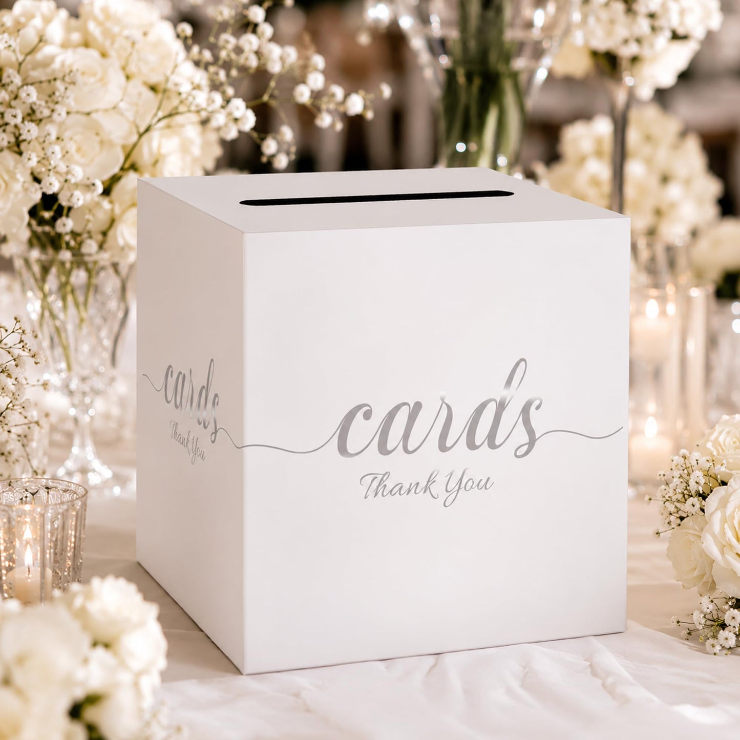 1 Pack White and Gold Wedding Card Box for Party Graduation Bridal Baby Shower Retirement Decorations Cardboard Birthday Card Holder Raffle Ballot Voting Box with Slot 7.8 x 7.8 x 7.8 In BST220
