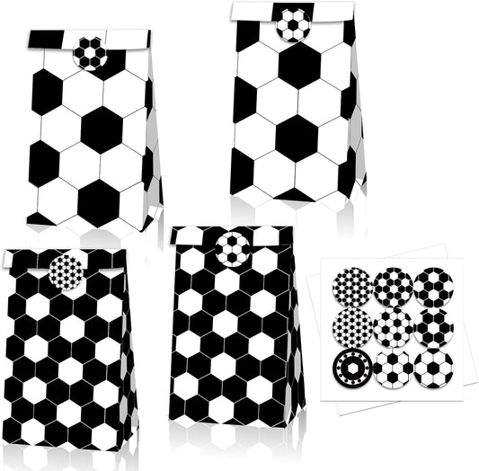 Qpout Soccer Goodie Bags Party Pack - 12 Snack Bags With Sealing Stickers for Kids Teams & Birthdays - Black & White BST326L