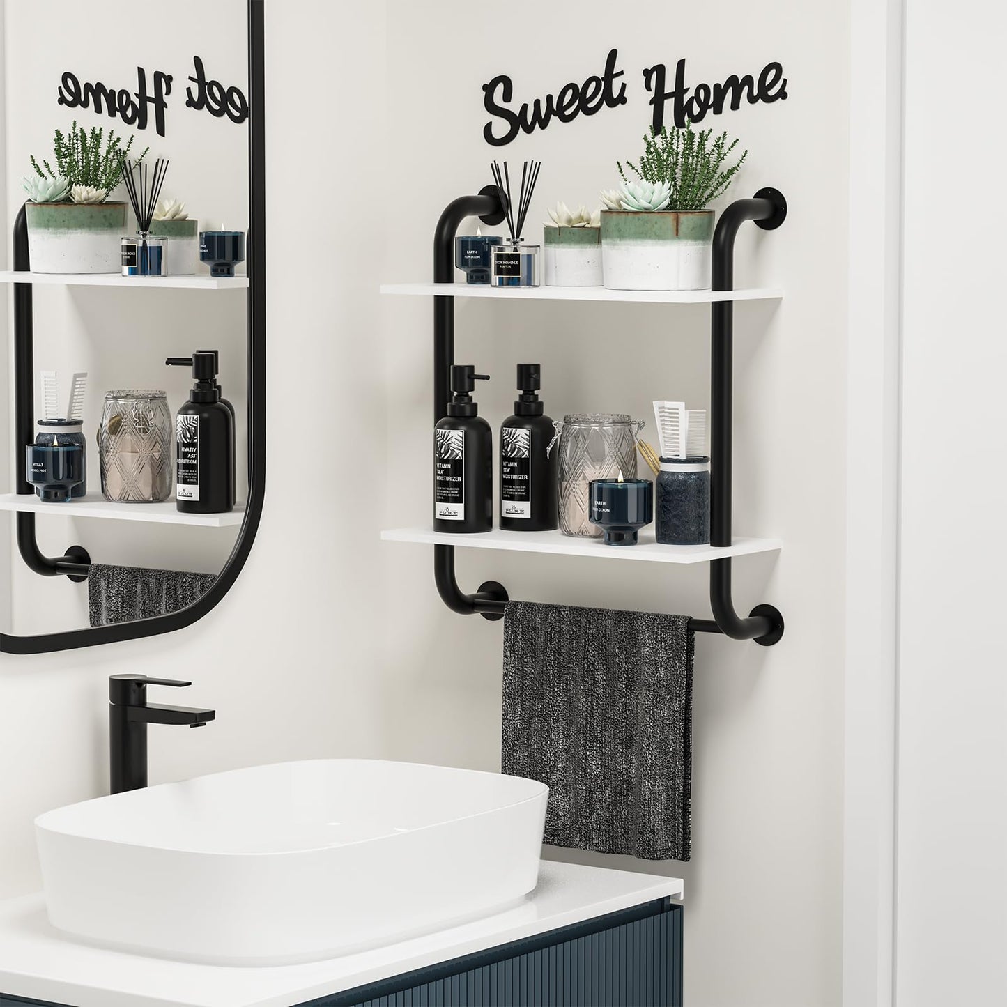 Tinpin Bathroom Shelves Wall Mounted, Rustic Farmhouse Pipe Shelves, Walls Shelf 3-Tier, Industrial Pipe Shelving, Floating Shelf Wall Decor for Bathroom, Kitchen, Bedroom, Living Room 17.3in Black DD1210