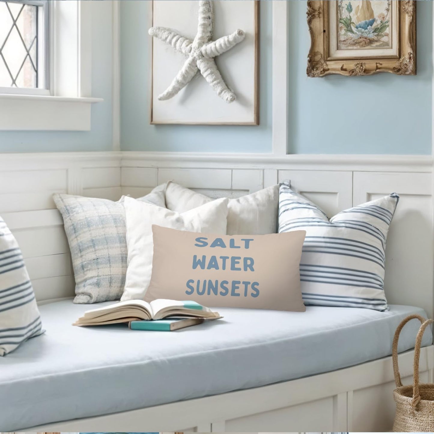 Coastal Beach Girly Room Decor 12x20 Pillow Cover, Preppy Beach Navy Blue Bikini Striped Decorative Lumbar Pillow Covers for Girls Bedroom College Dorm Sofa Couch BST326L