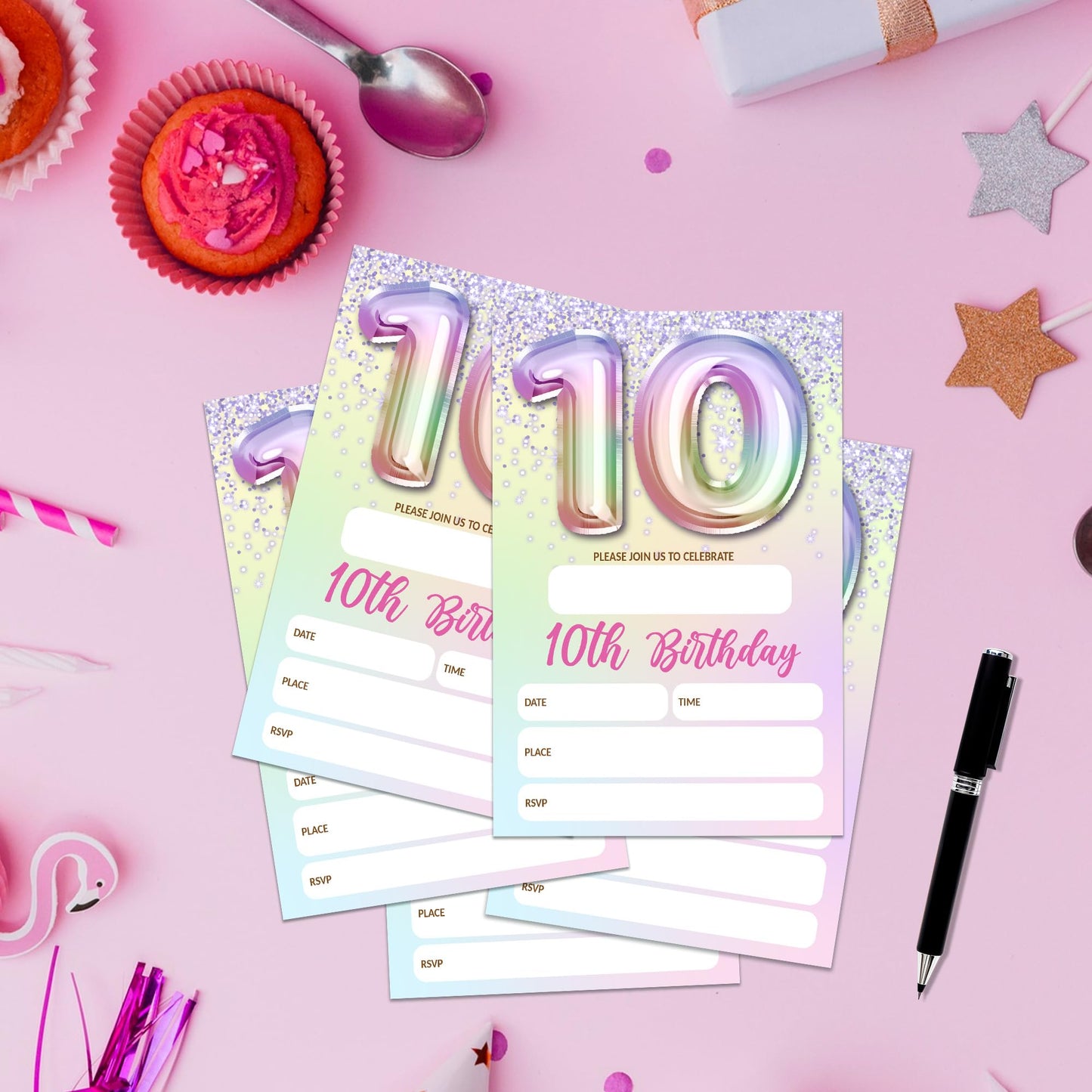 5th Birthday Invitations For Girl,Purple Glitter Birthday Invites, 20 Fill-in Rainbow Balloons Invitation Cards With Envelopes, Fifth Party Decorations 4x6 Inch-D05 WN420