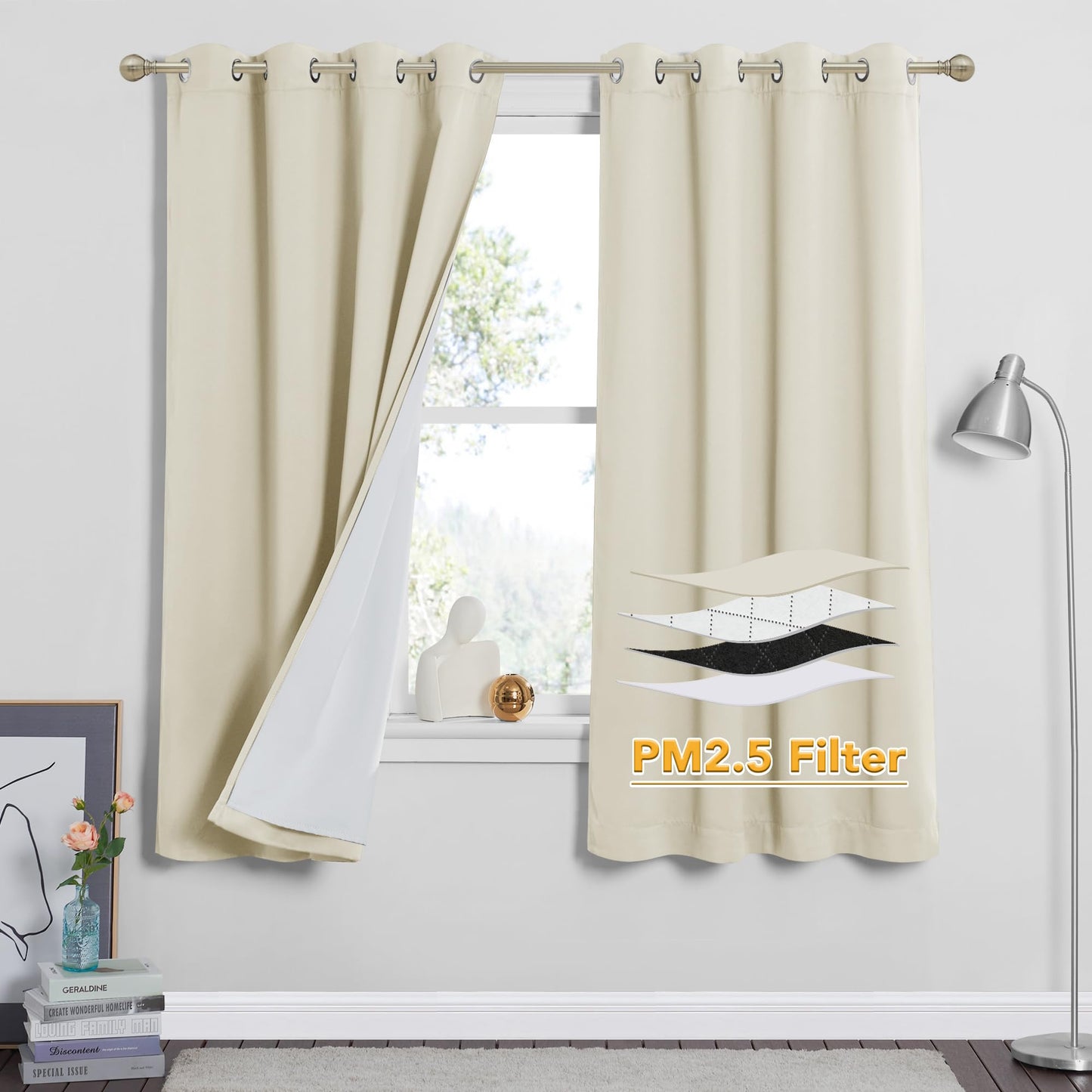 RYB HOME 4-in-1 Dust Filtering Soundproof Blackout Insulating Privacy Window Curtains for Nursery Bedroom Living Room Rivider Sound Absorption Sheet, Black, W52 x L90 inch, 2 Panels BST220