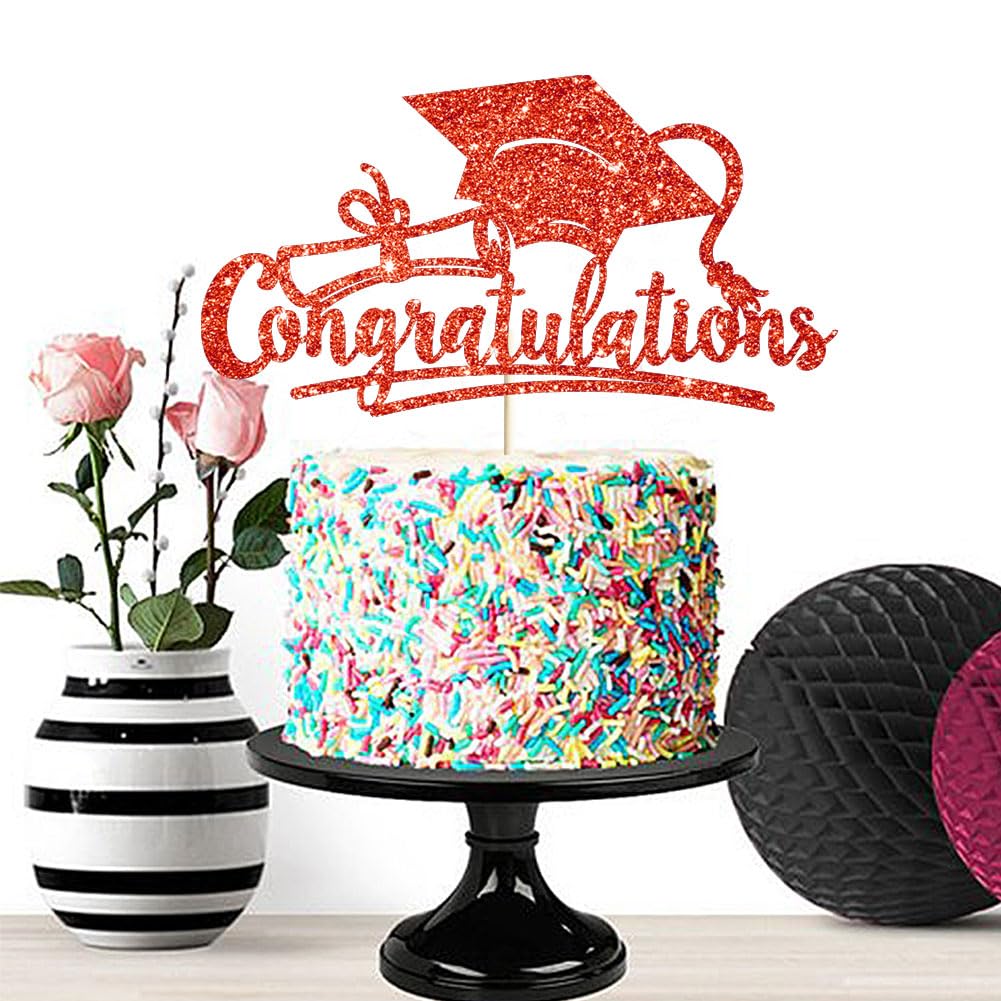 Congratulations 2026 Graduation Cake Topper Red Glittery Class of 2026 Cake Topper Congrats Grad Party Cake Decor for 2026 Senior High School College Grad Party Supplies Decorations BST220