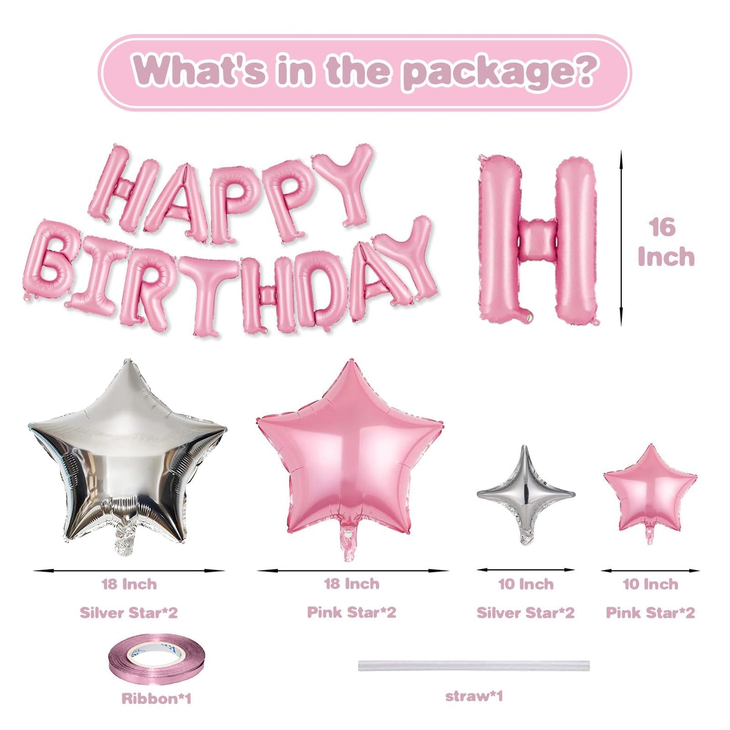 Happy Birthday Balloons Banner, Rainbow Happy Birthday Foil Balloons 16 Inch Foil Letter Balloon with 8 Pcs Gradient Blue Pink Star Balloon for Women Men Boys Girls Birthday Party Decoration WN420