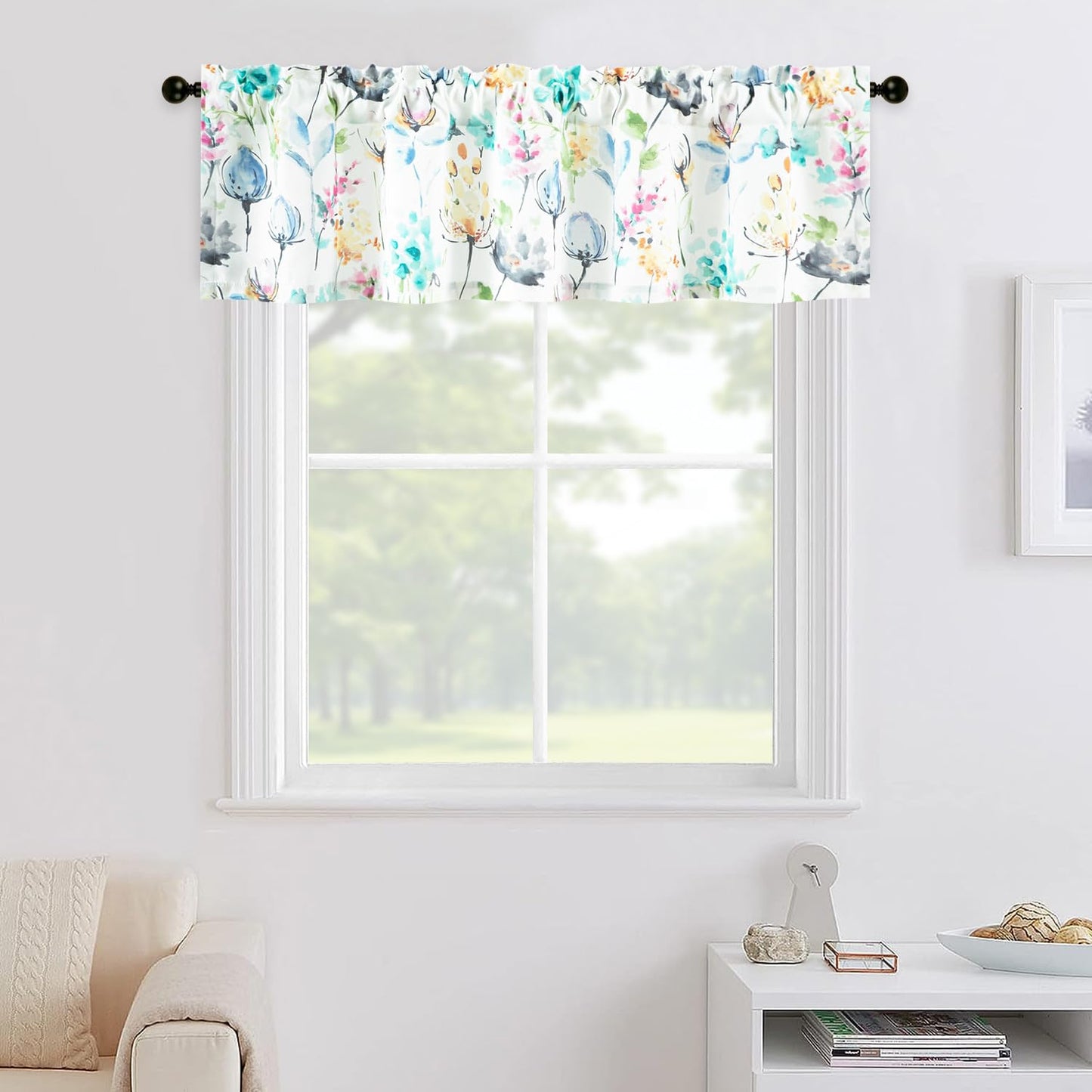 Leeva Farmhouse Kitchen Valances for Windows, Watercolor Blossoming Floral Print Curtains, Soft Faux Linen Curtain Toppers and Valances for Bedroom, 60 x 14 Inch, Brown & Grey, 1 Panel BST220
