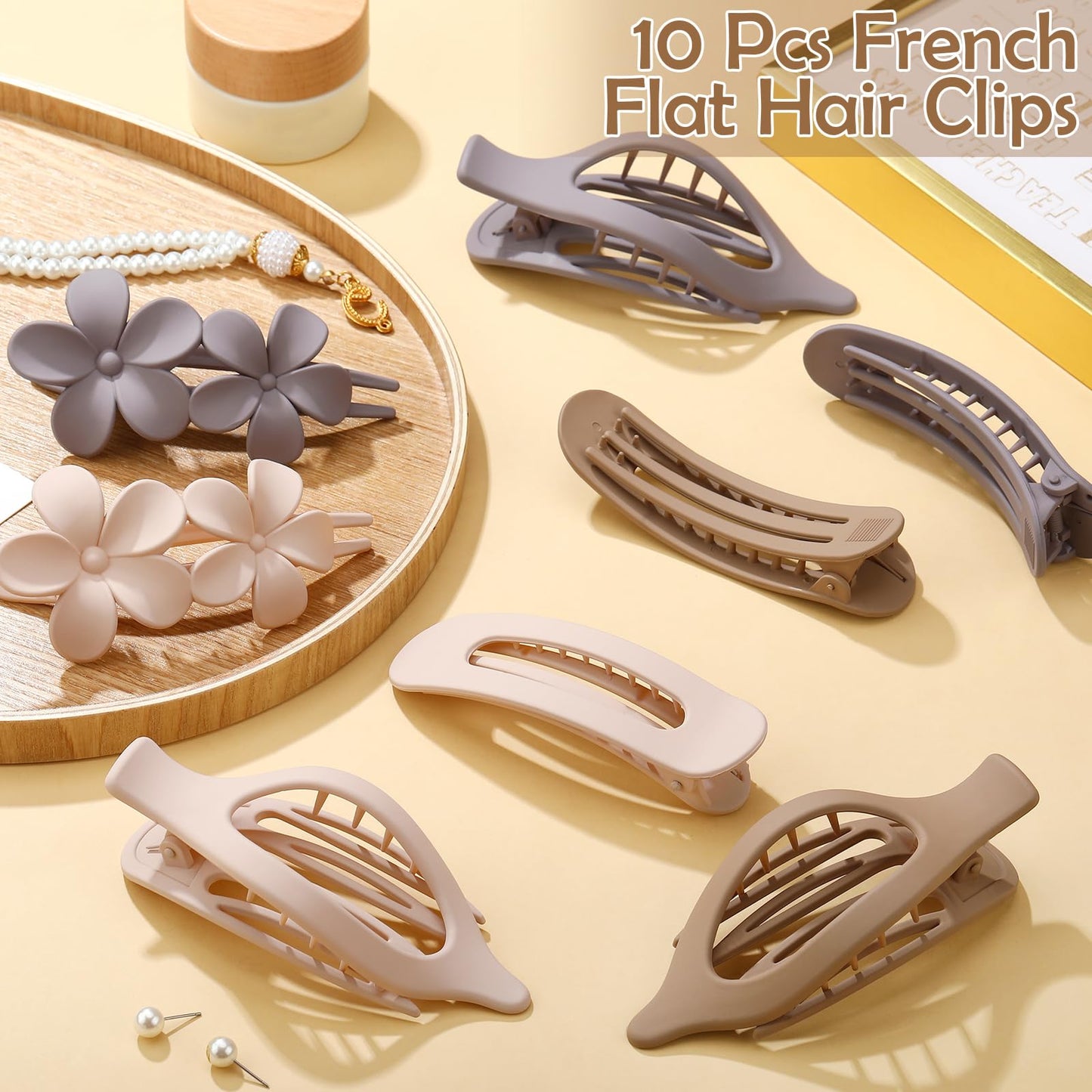 8 Pcs Flat Hair Clips for Women, 2 Styles Large Flat Claw Clips for Women, Strong Hold Non-slip French Hair Clips for Thick Thin Hair, Neutral Color WN420
