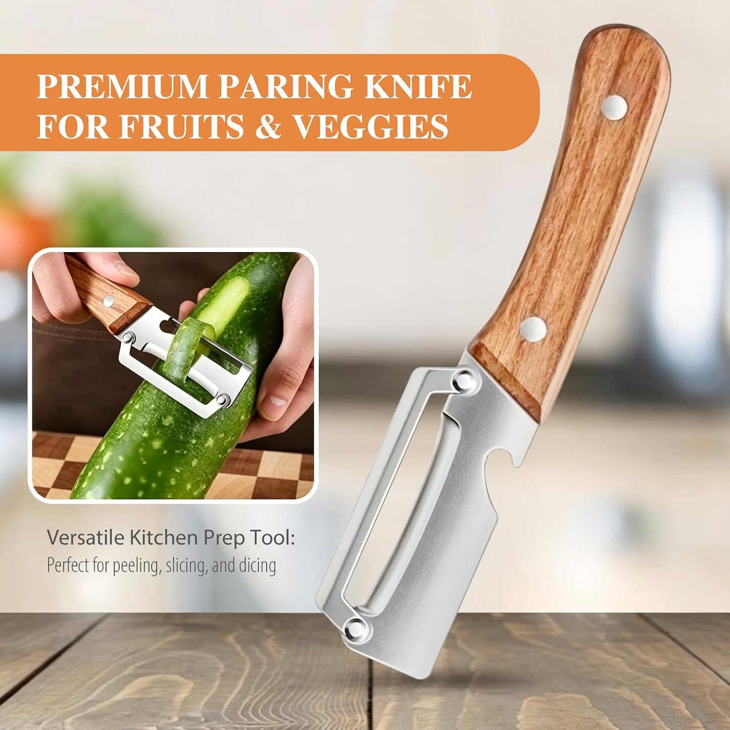 (3 PCS) 2 in 1 Multi Functional Vegetable Peeler with Wooden Handle and Bottle Opener, Stainless Steel Blade Kitchen Tool for Fruit Apple Potato Pumpkin Papaya BST326H