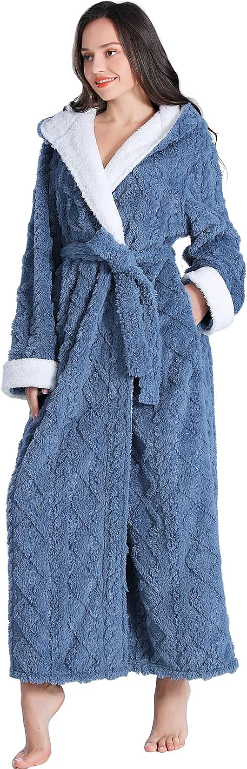 LKG women's robes long plush hooded ladies shower luxury christmas warm fuzzy robes house coat bathrobe for women full length WN420