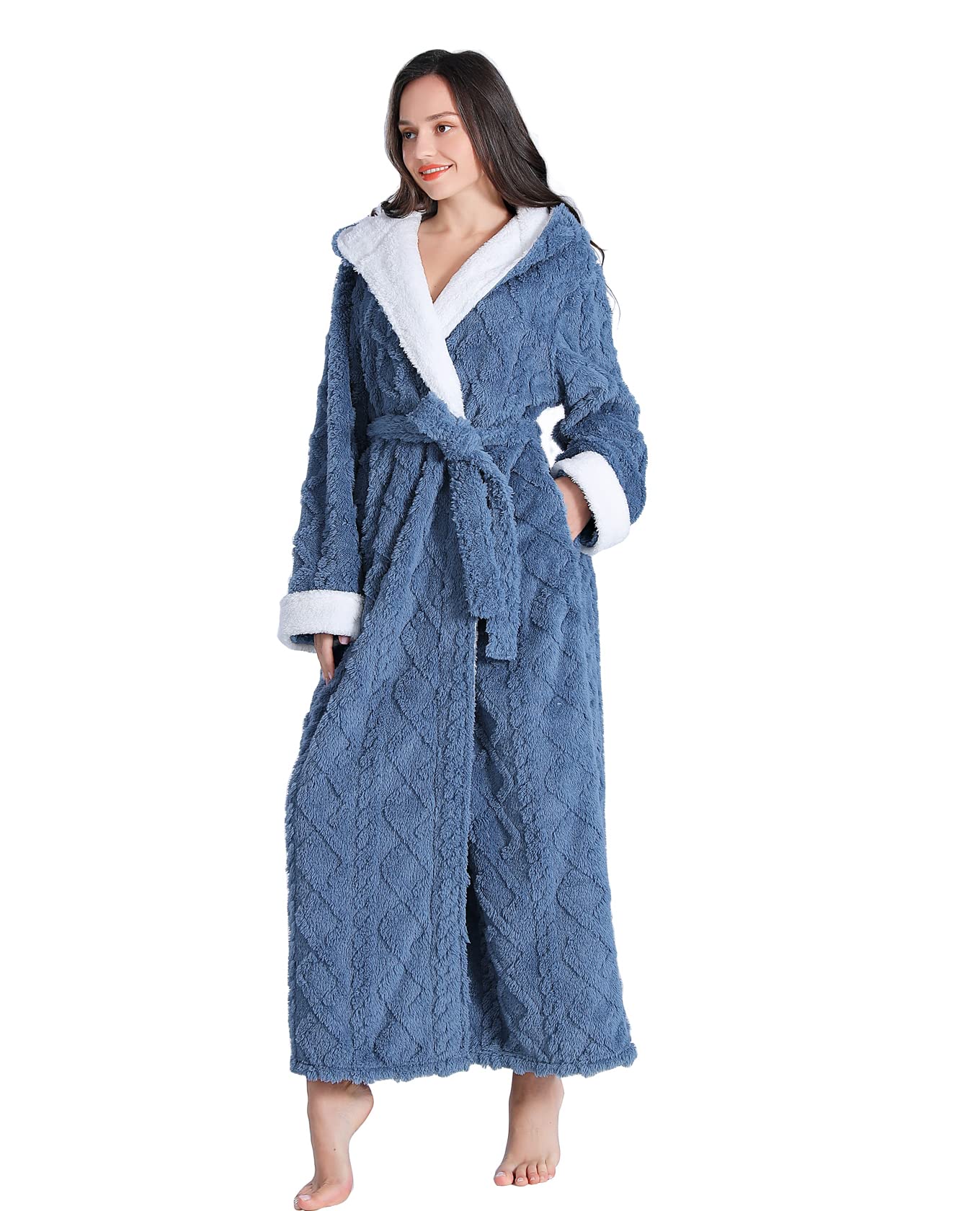 LKG women's robes long plush hooded ladies shower luxury christmas warm fuzzy robes house coat bathrobe for women full length WN420