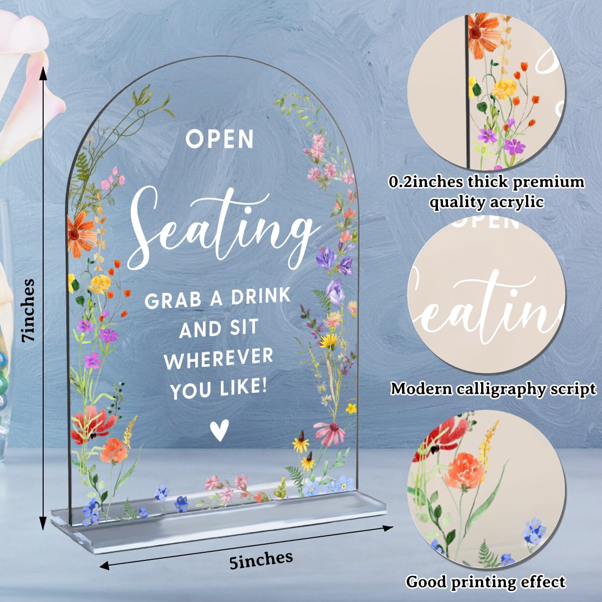 Acrylic Wedding Signs, Pick A Card Signs for Marriage Reception, Bridal Shower Decorations, Modern Arched Round Top Acrylic Table Top Sign with Holder for Wedding Party Dinner (Clear Wildflowers) BST326L