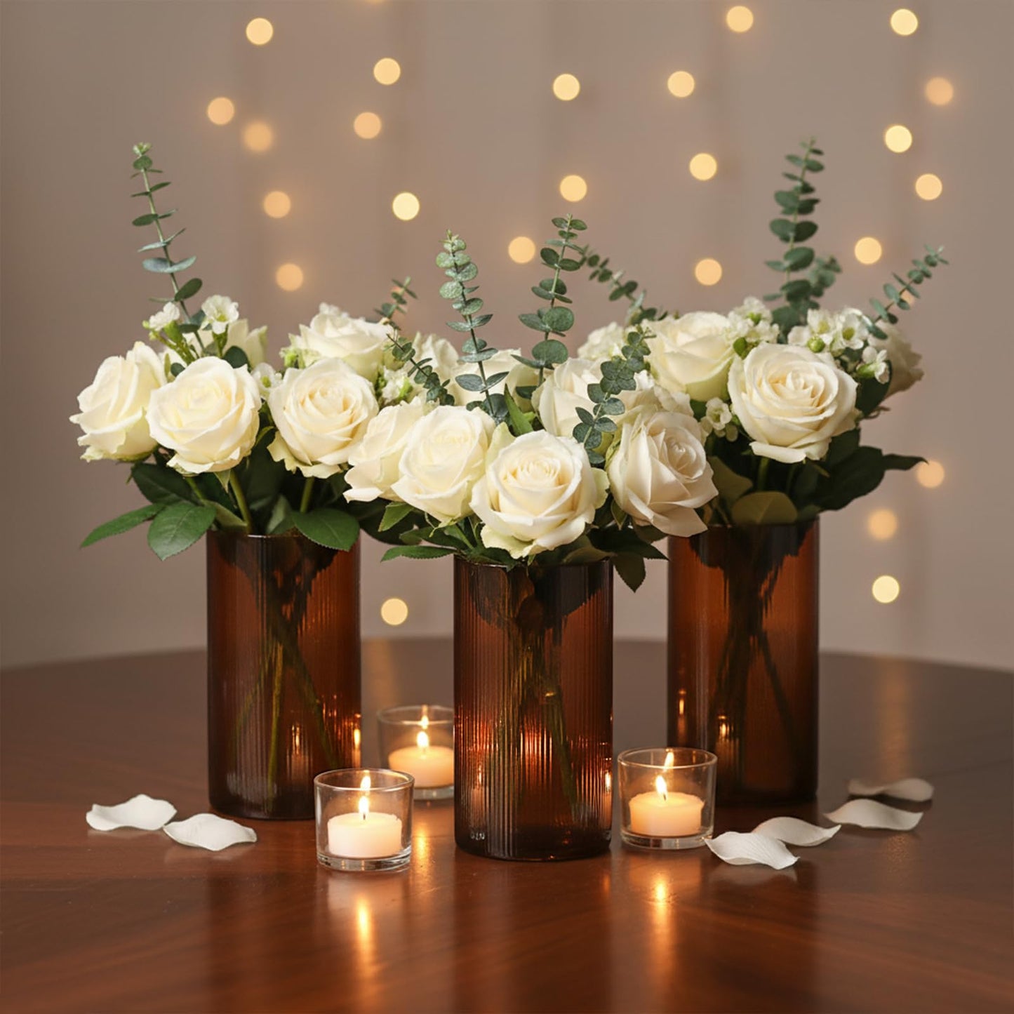 Glass Ribbed Cylinder Vases, 8 Inch Tall, Clear, Pack of 3 | Flower Vases in Bulk, Hurricane Floating Candle Vases, For Party Home Decor BST326H