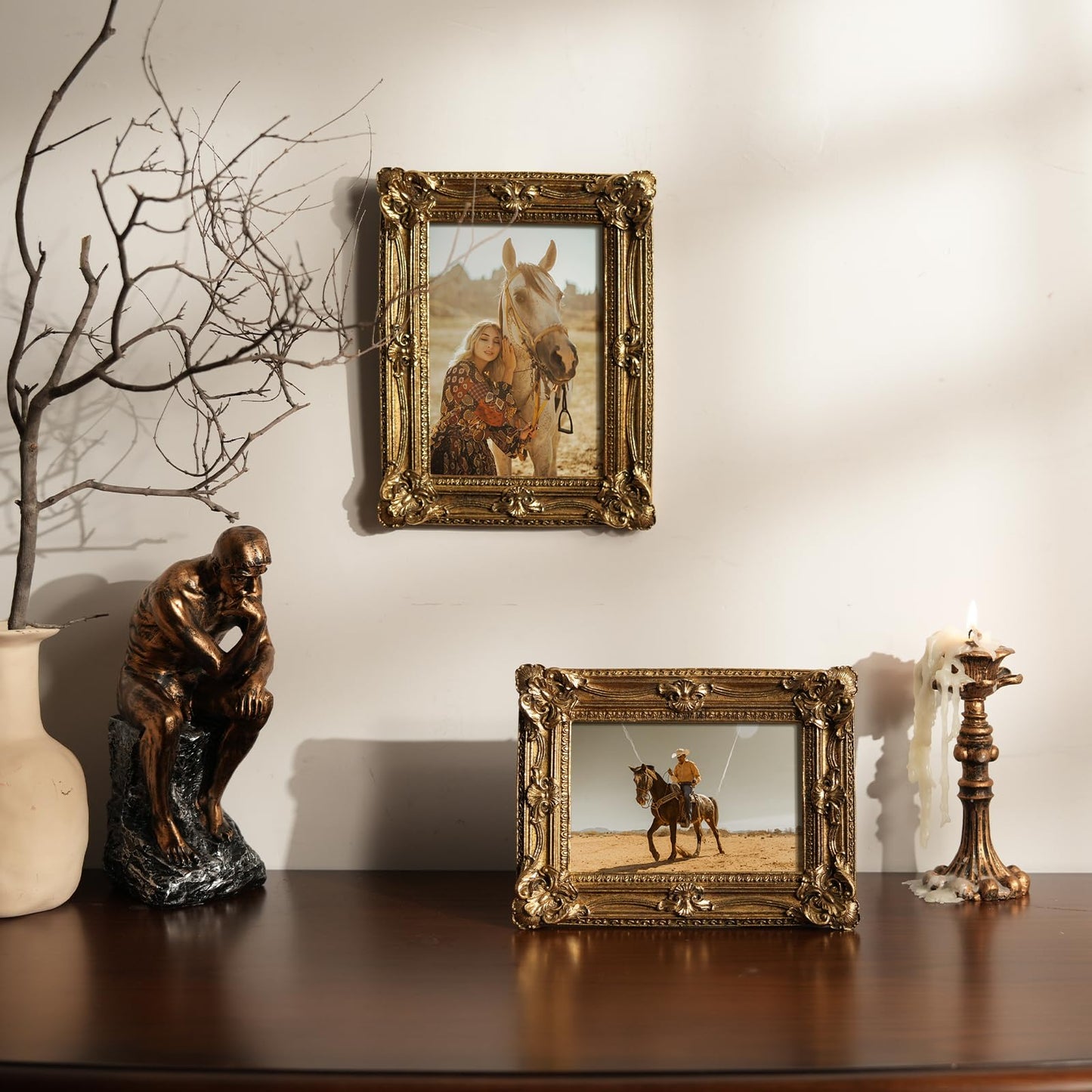 5x7 Wedding Picture Frame Gold,2 Pack Small Frame for Gallery Decor | Durable Resin Material,Tabletop & Wall Display,Real Glass,Rose Floral Design,Antique Brass Finish,Wedding Arrangement Decor BST326H