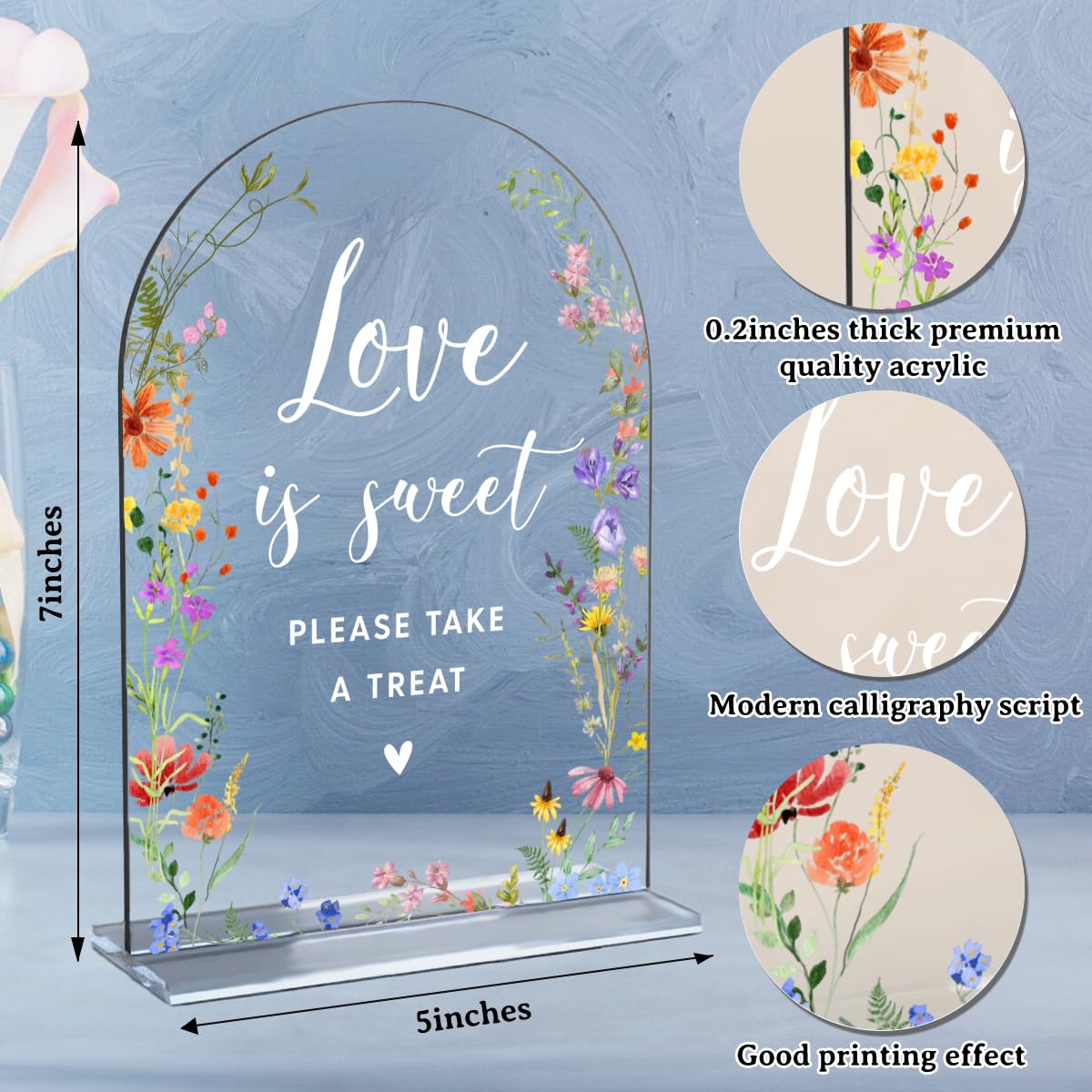 Acrylic Wedding Signs, Pick A Card Signs for Marriage Reception, Bridal Shower Decorations, Modern Arched Round Top Acrylic Table Top Sign with Holder for Wedding Party Dinner (Clear Wildflowers) BST326L