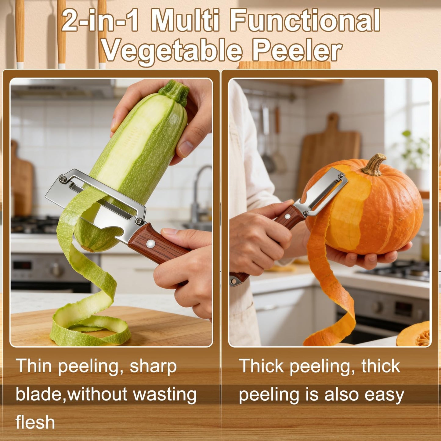 2PCS Premium Vegetable Peeler with Wooden Handle and Bottle Opener,Multifunctional 2-in-1 Stainless Steel Kitchen Tool for Potato Fruit Pineapple Pumpkin Papaya Carrot Vegetable Peeler(Mix) BST326H