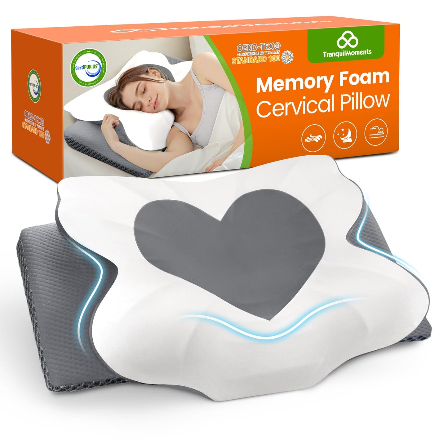 Cervical Neck Pillow for Sleeping, Memory Foam Pillow for Neck Support, Ergonomic Pillow for Pain Relief, Contour Bed Pillow for Side Back Stomach Sleepers, Grey, Queen Size BST220