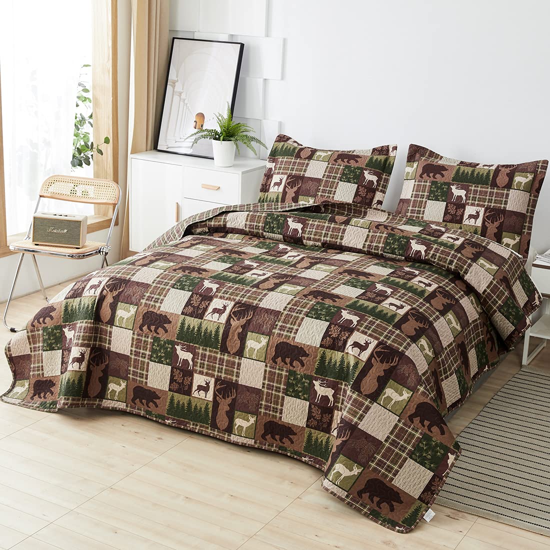 Rustic Moose Quilt Set King Size Lodge Quilt Lightweight Summer Cabin Bedspread Country Bedding Forest Bear Fish Pine Coverlet Daybed Cover Blanket Woodland Home Decor-Brown White BST220