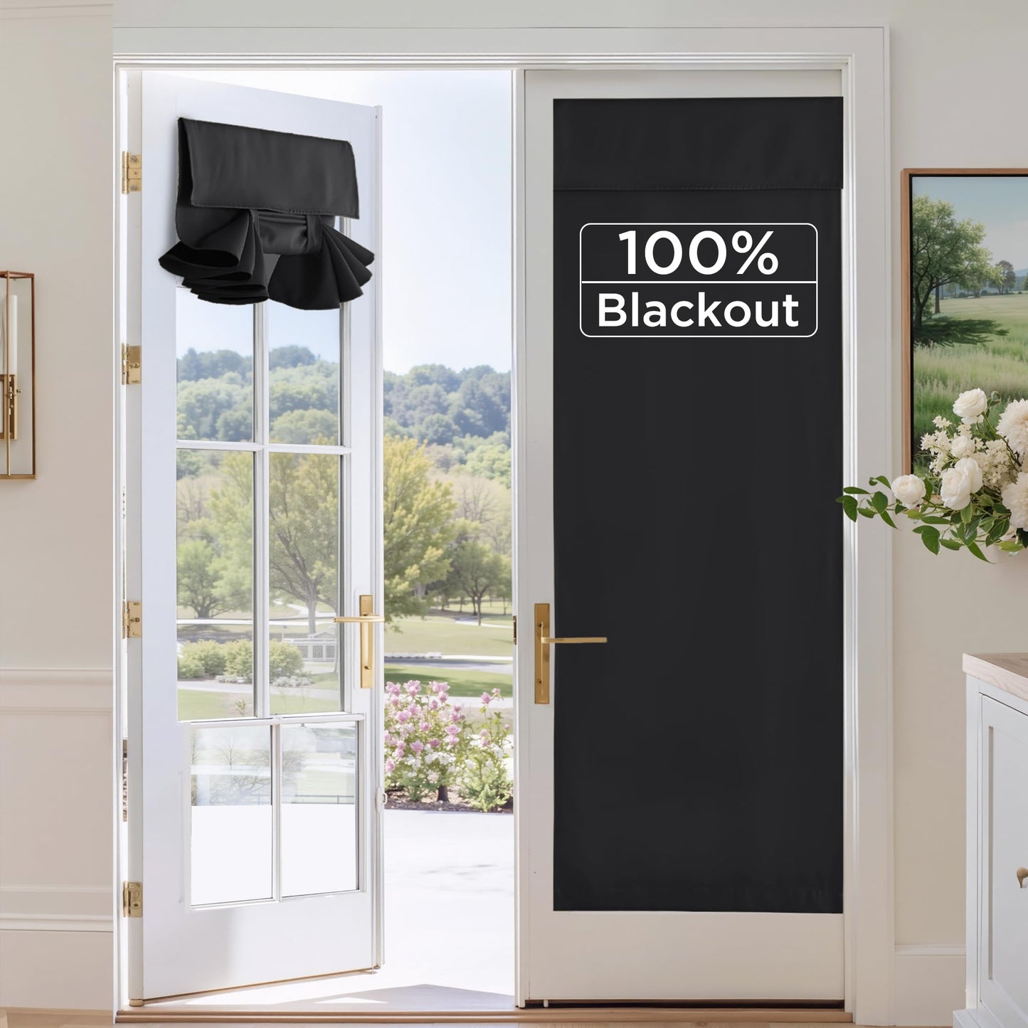 RYB HOME 100% Blackout French Door Curtains for Door Window - Room Darkening No Coating Thermal Insulated Privacy Protection Adhesive Cover for Glass Window, W 26 x L 40, 1 Panel, Black BST220