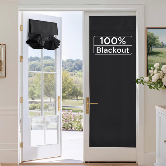 RYB HOME 100% Blackout French Door Curtains for Door Window - Room Darkening No Coating Thermal Insulated Privacy Protection Adhesive Cover for Glass Window, W 26 x L 40, 1 Panel, Black BST220