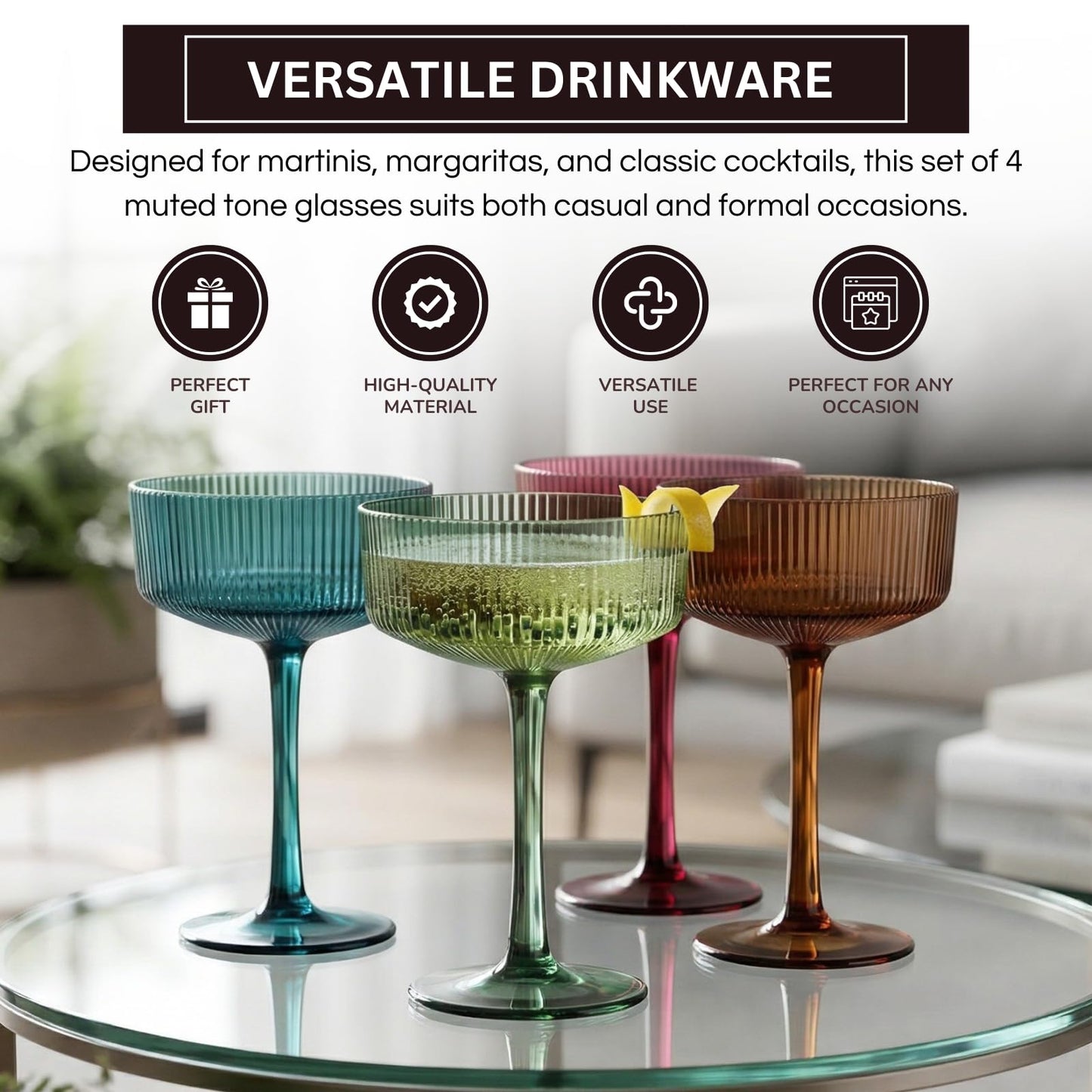 Khen Pink Peach Acrylic Ribbed Coupe Martini Champagne Cocktail Glasses, Set of 4, 8 oz Shatterproof Ripple Stemware European Style Reusable Drinkware Goblets, Indoor Outdoor Parties Weddings Bar Gift BST220