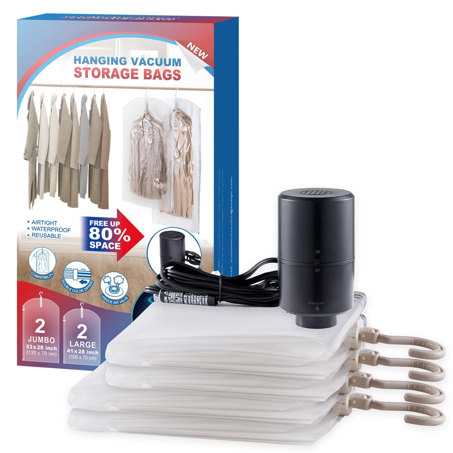 Hanging Vacuum Storage Bags, 6 Pack Hanging Storage Bags for Clothes With Electric Pump N27