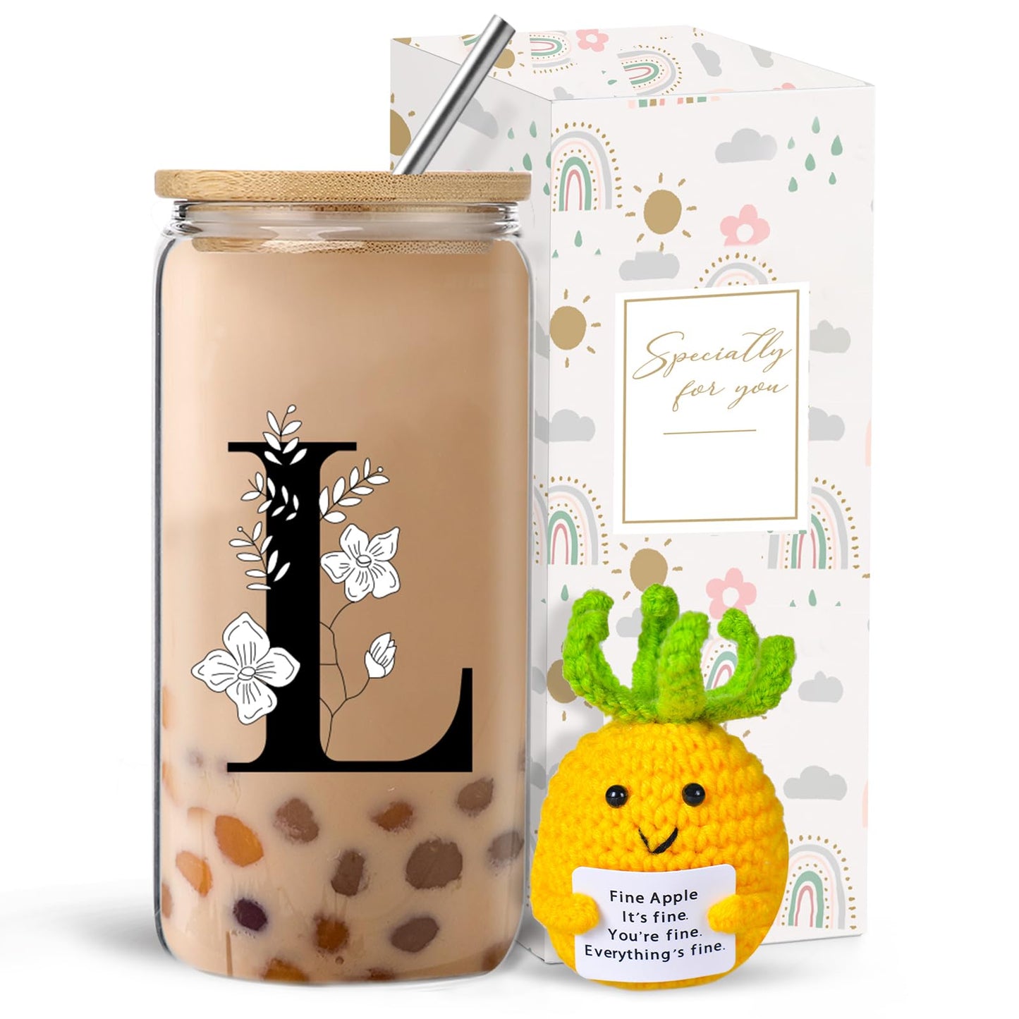 Monogrammed Initial Glass Cup with Lids and Straws gift for Women | Personalized Gift Set with Doll, 16 Oz Ice Coffee Cup ,reusable glass tumbler,Birthday Christmas Gift for Her,U WN420