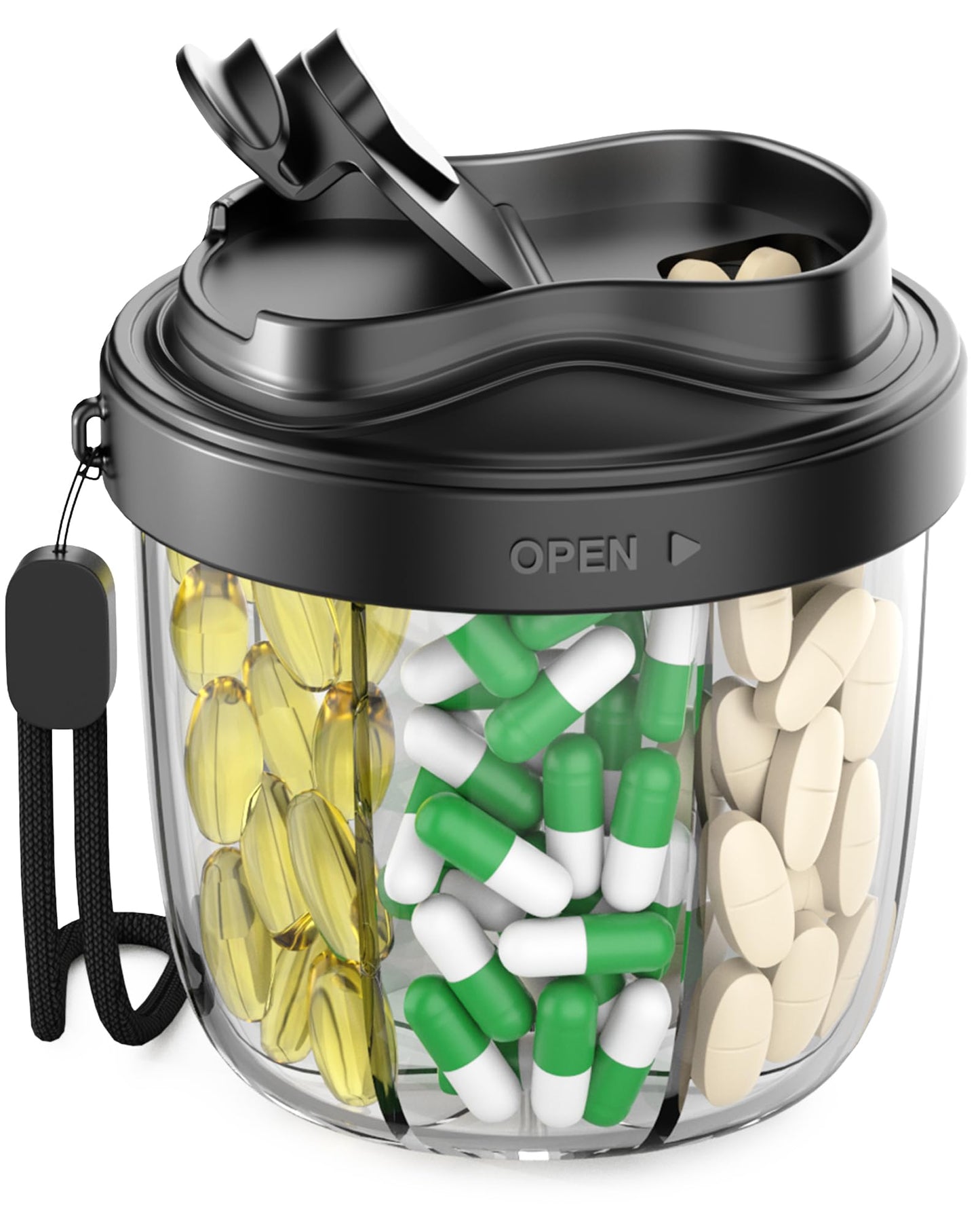 Cute Pill Organizer,Pill Dispenser with 7 Large Compartments,Portable Pill Bottle Box with Wide Opening for Easy Use, Anti-Mix Pills Organizer for Travel,Includes 20 Pcs Sticky Labels(Black) WN420